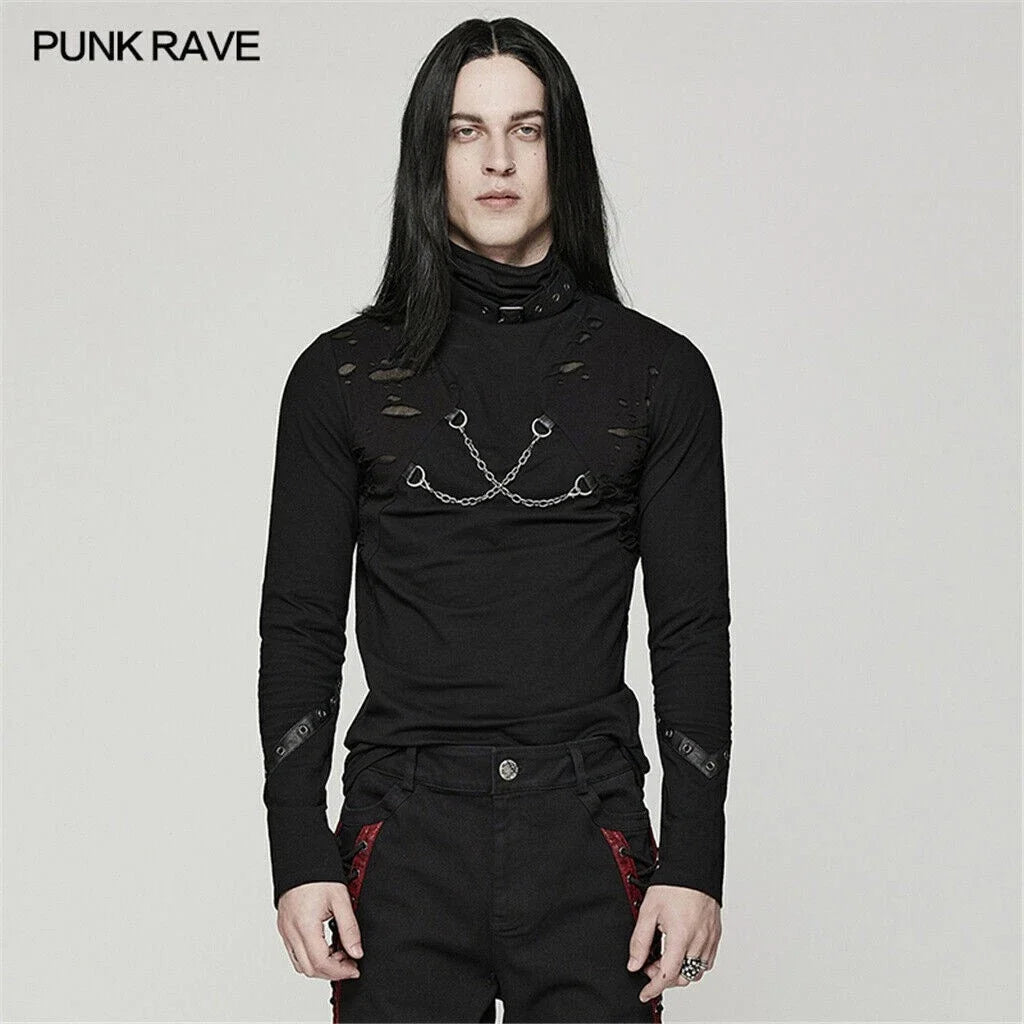 Punk Rave Men Long Sleeve Top Punk Gothic Street Style Broken Hole Slim T-Shirt Unisex T-shirt, Sweatshirt, Hoodie, Long Sleeve Tee - T-Shirt, Sweatshirt, Hoodie