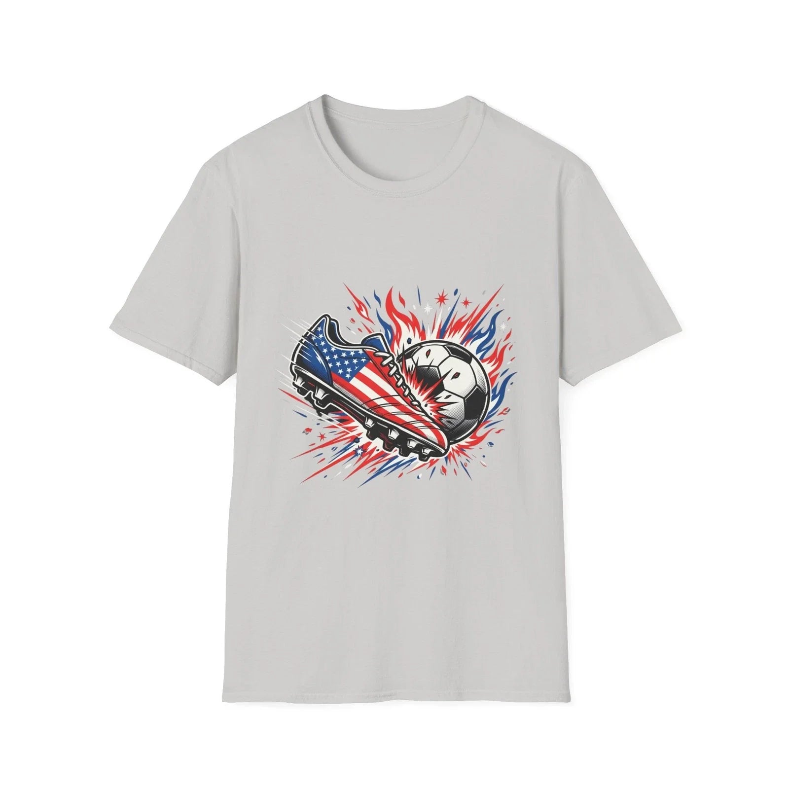 Soccer Ball Flames Graphic T Shirt USA Flag Cleat Athletic Cotton Sport Tee Top Unisex T-shirt, Sweatshirt, Hoodie, Long Sleeve Tee - T-Shirt, Sweatshirt, Hoodie