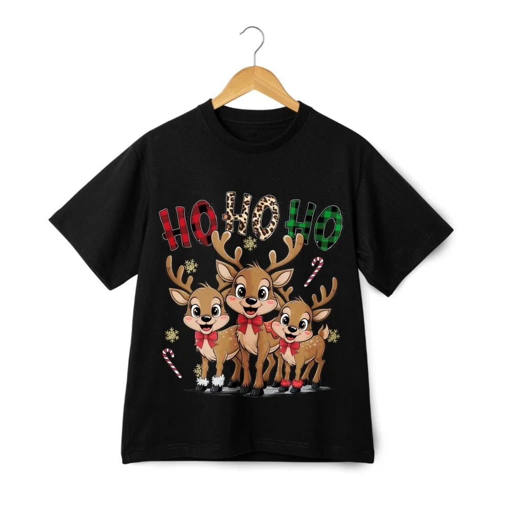 Cute Reindeer Christmas T-Shirt HO HO HO Holiday Cartoon Graphic Tee Unisex T-shirt, Sweatshirt, Hoodie, Long Sleeve Tee - T-Shirt, Sweatshirt, Hoodie