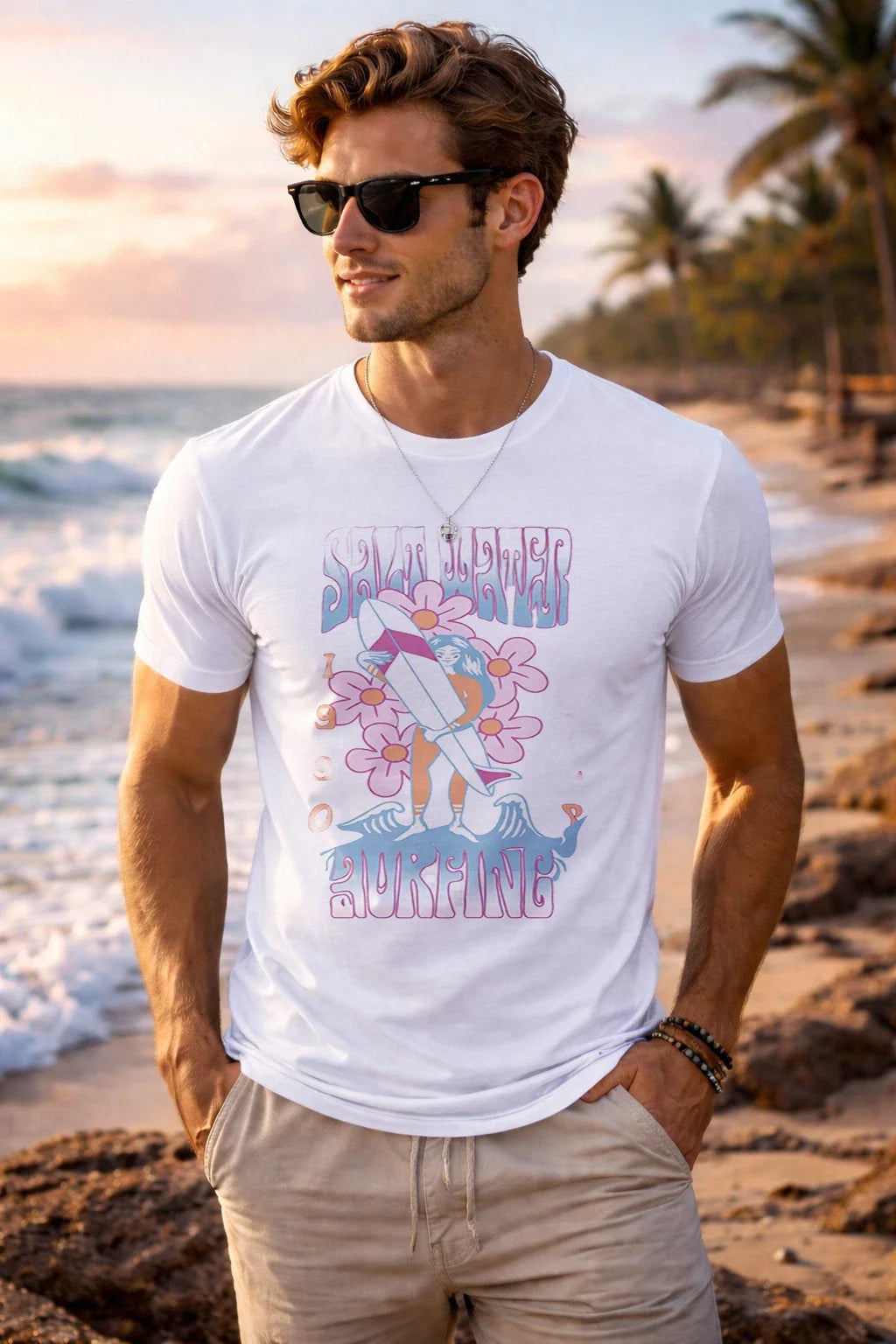 Retro Surfing T-Shirt Vintage Beach Graphic Tee Summer Vibes Floral Wave Unisex Unisex T-shirt, Sweatshirt, Hoodie, Long Sleeve Tee - T-Shirt, Sweatshirt, Hoodie