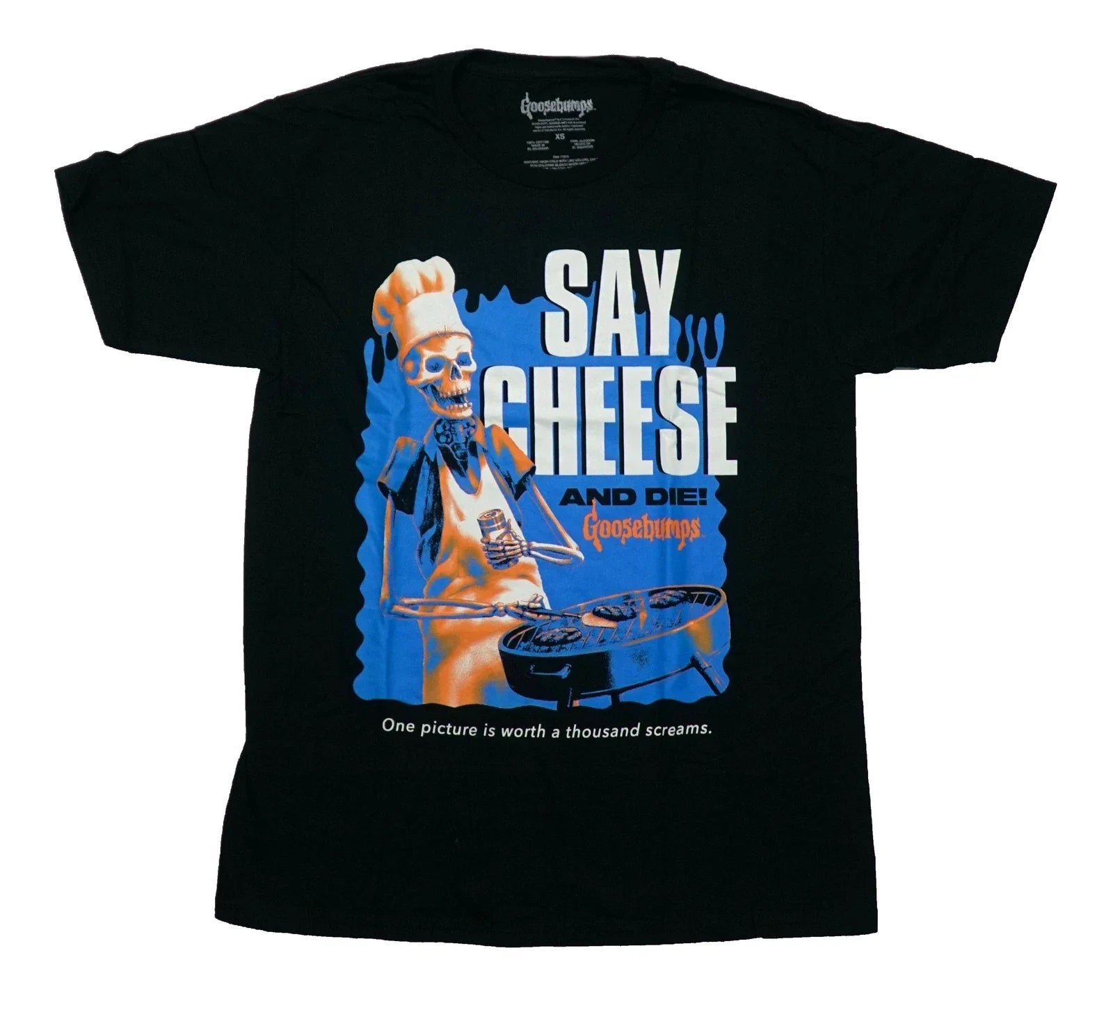 Goosebumps New Adult T-Shirt - Skeleton Grilling Say Cheese and Die! Unisex T-shirt, Sweatshirt, Hoodie, Long Sleeve Tee - T-Shirt, Sweatshirt, Hoodie