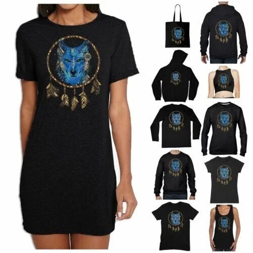 Wolf Dreamcatcher Blue Gold Boho Hipster T-Shirt - Tribal Hippy Bohemian Unisex T-shirt, Sweatshirt, Hoodie, Long Sleeve Tee - T-Shirt, Sweatshirt, Hoodie