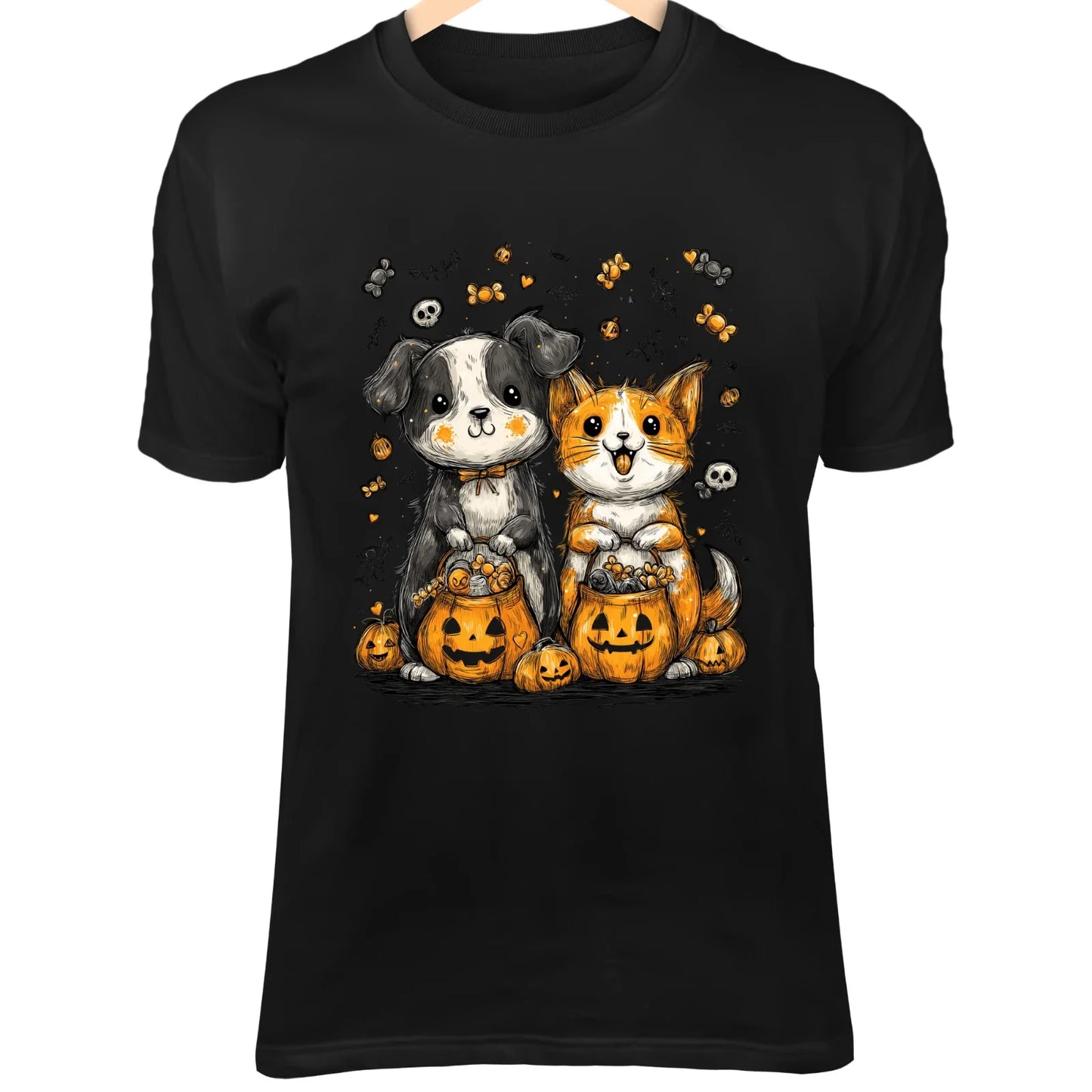 Halloween Dog & Cat Art II - Cute Minimalist Cartoon with Candy Bags & Pumpkin Unisex T-shirt, Sweatshirt, Hoodie, Long Sleeve Tee - T-Shirt, Sweatshirt, Hoodie