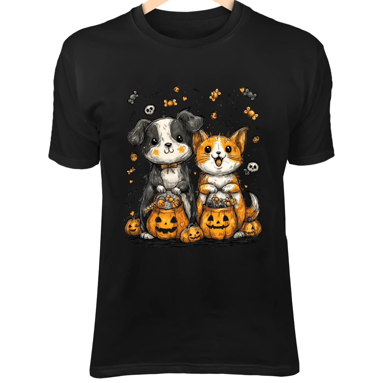Halloween Dog & Cat Art II - Cute Minimalist Cartoon with Candy Bags & Pumpkin Unisex T-shirt, Sweatshirt, Hoodie, Long Sleeve Tee - T-Shirt, Sweatshirt, Hoodie