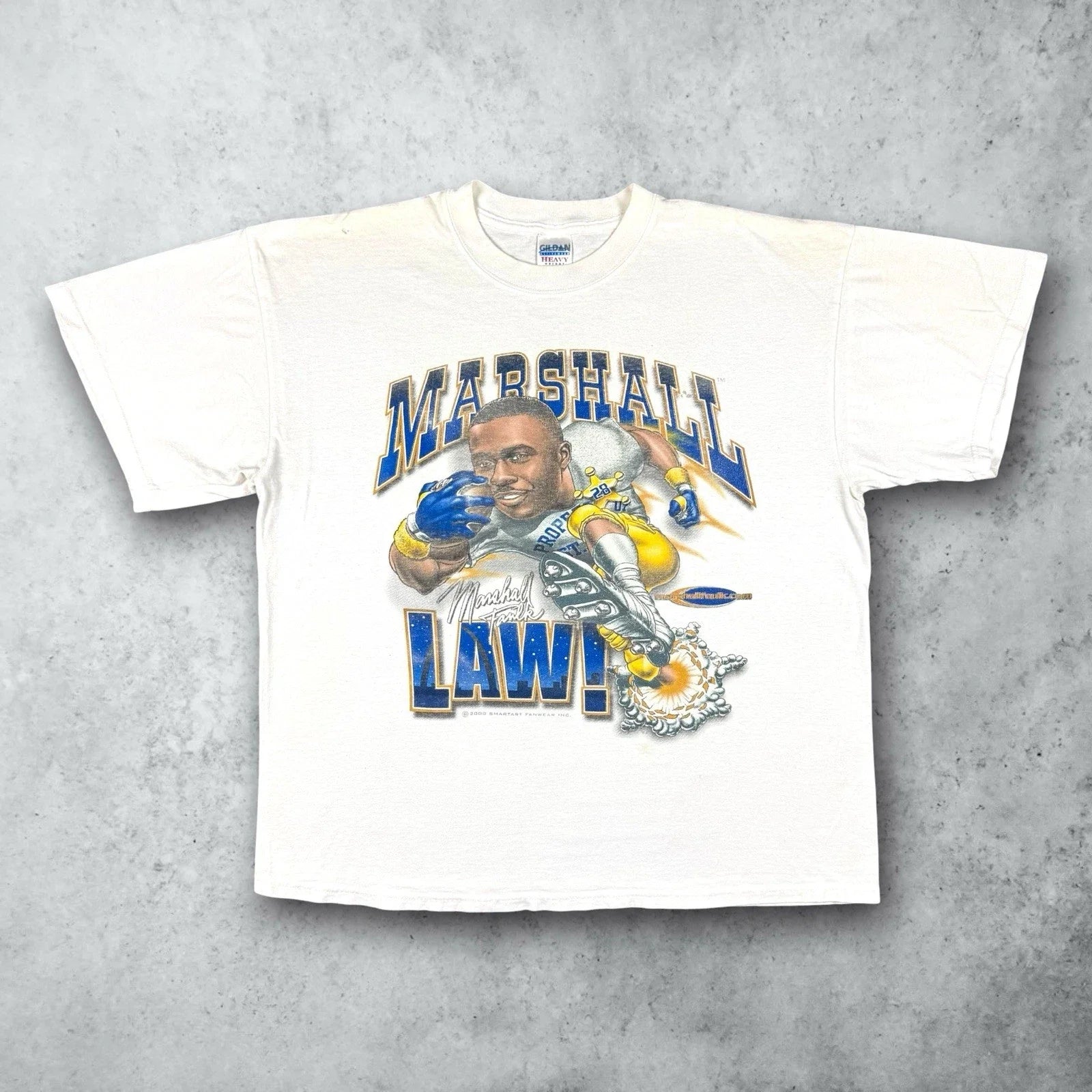 Vintage 90s Marshall Faulk St Louis Rams Marshall Law Caricature T-Shirt Size XL Unisex T-shirt, Sweatshirt, Hoodie, Long Sleeve Tee - T-Shirt, Sweatshirt, Hoodie