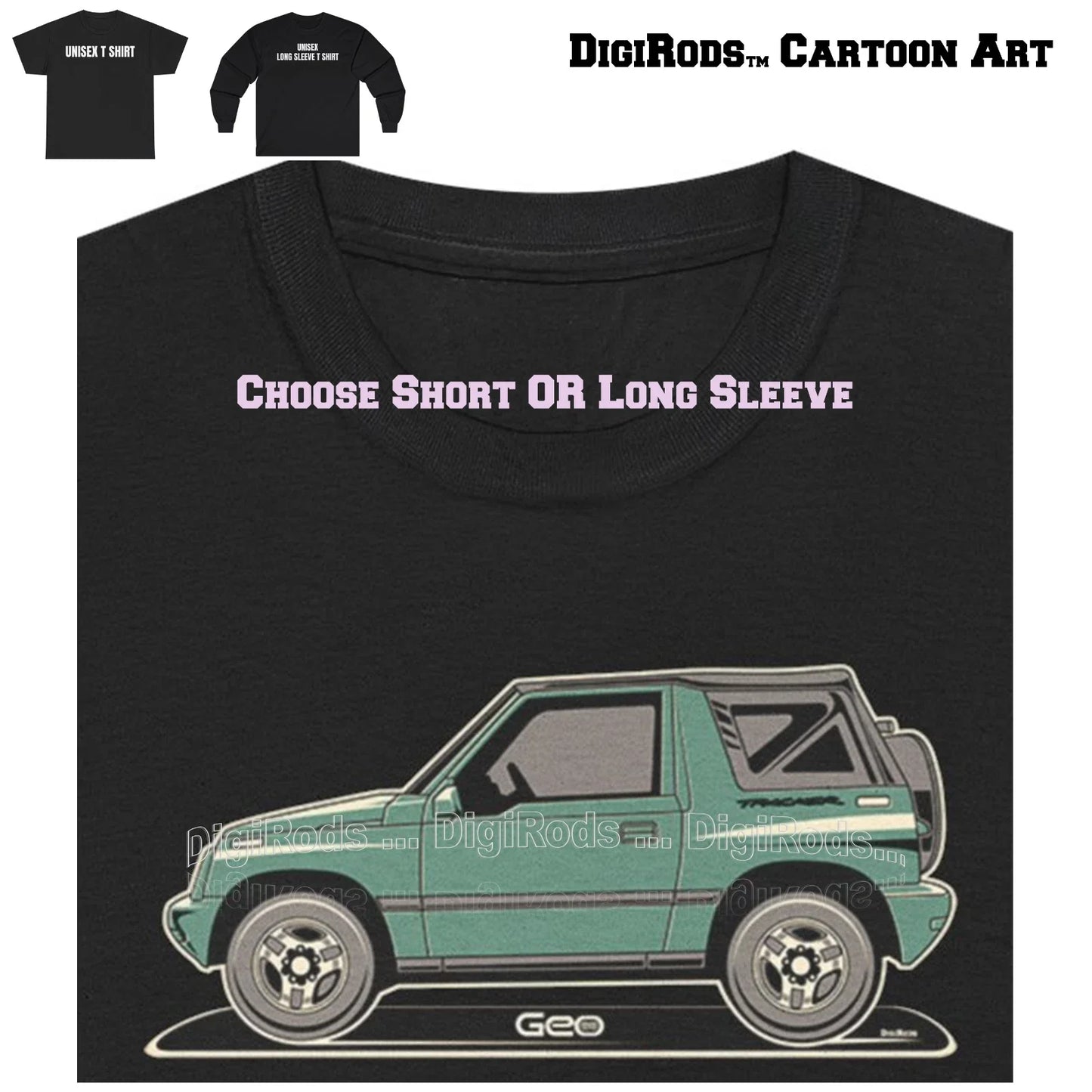 DigiRods Geo Tracker Fun SUV Model Year Tonal Cartoon Car Black T Shirt Unisex T-shirt, Sweatshirt, Hoodie, Long Sleeve Tee - T-Shirt, Sweatshirt, Hoodie