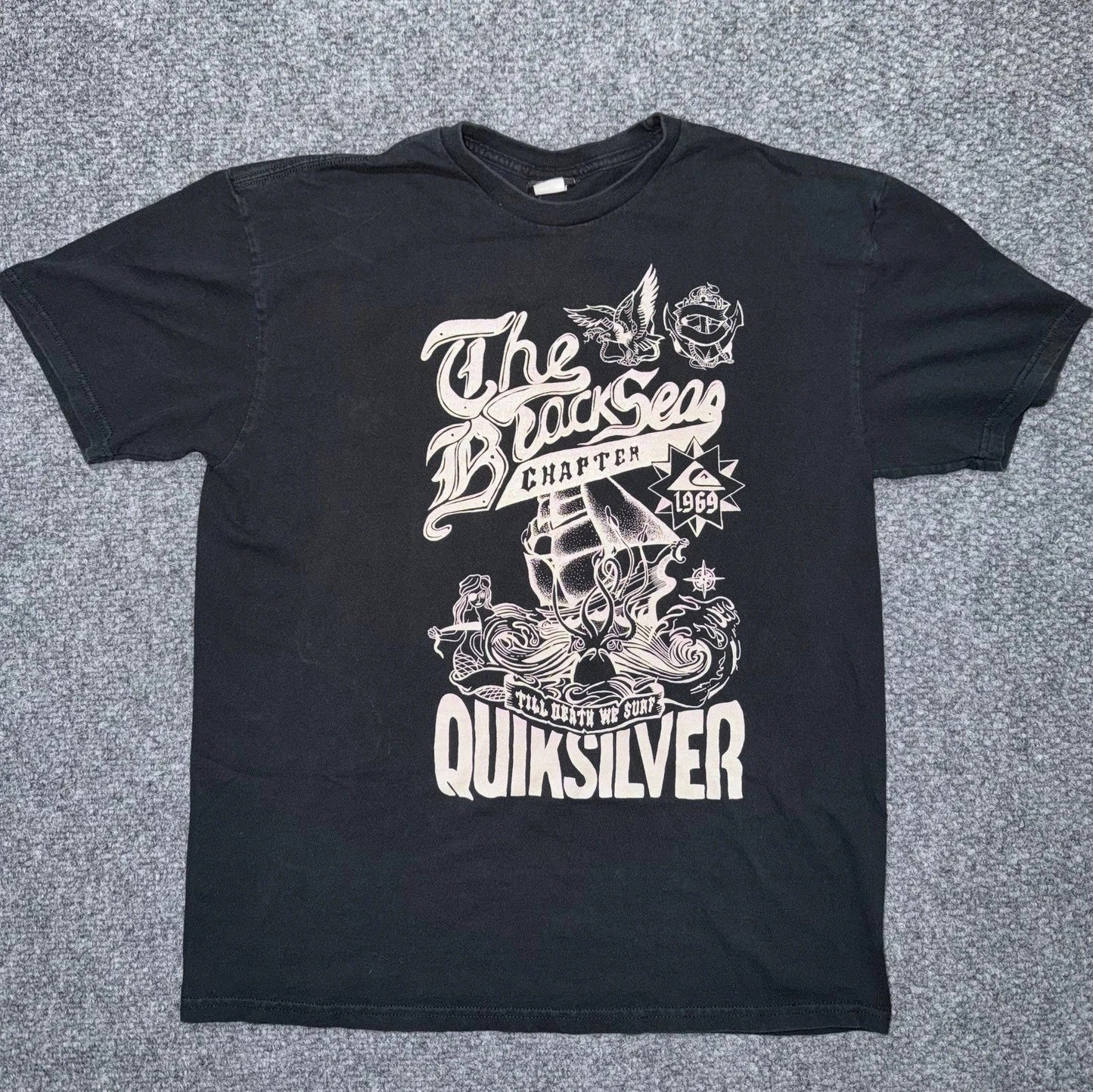 Quiksilver The Black Seas Chapter Till Death We Surf Graphic T-Shirt Y2K Surfing Unisex T-shirt, Sweatshirt, Hoodie, Long Sleeve Tee - T-Shirt, Sweatshirt, Hoodie