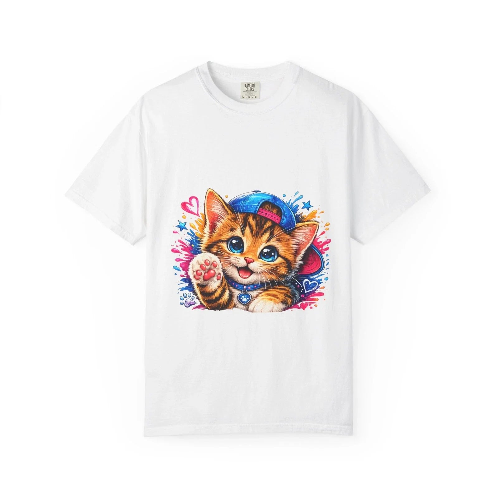 Cute Kitten with Cap T-Shirt | Colorful Paw Print Cat Design Unisex T-shirt, Sweatshirt, Hoodie, Long Sleeve Tee - T-Shirt, Sweatshirt, Hoodie