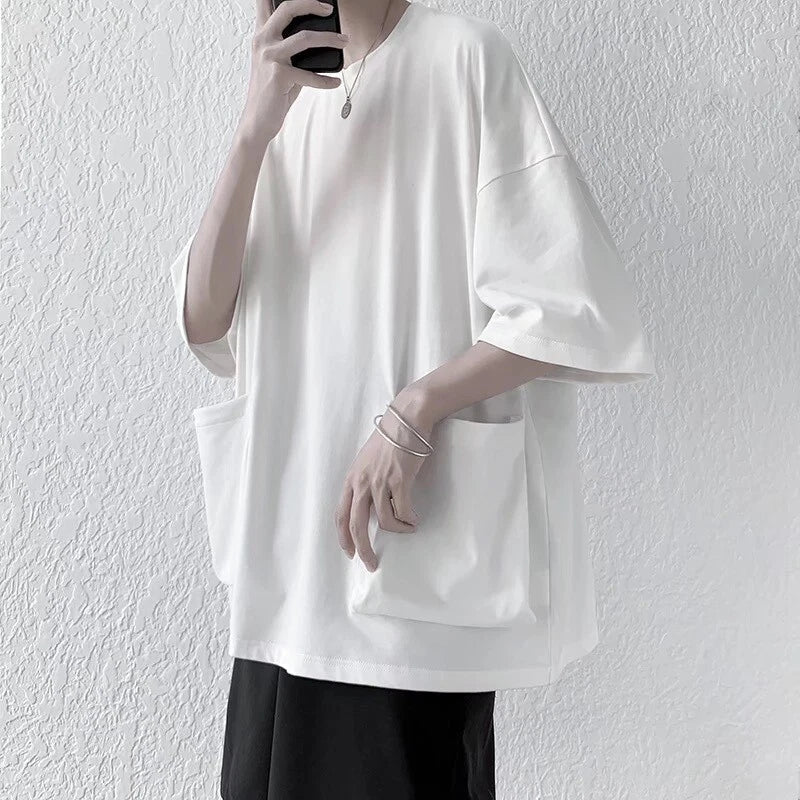 Male Big Pocket Oversized T Shirt Crew Neck Raglan Half Sleeve Tee Tops Harajuku Unisex T-shirt, Sweatshirt, Hoodie, Long Sleeve Tee - T-Shirt, Sweatshirt, Hoodie