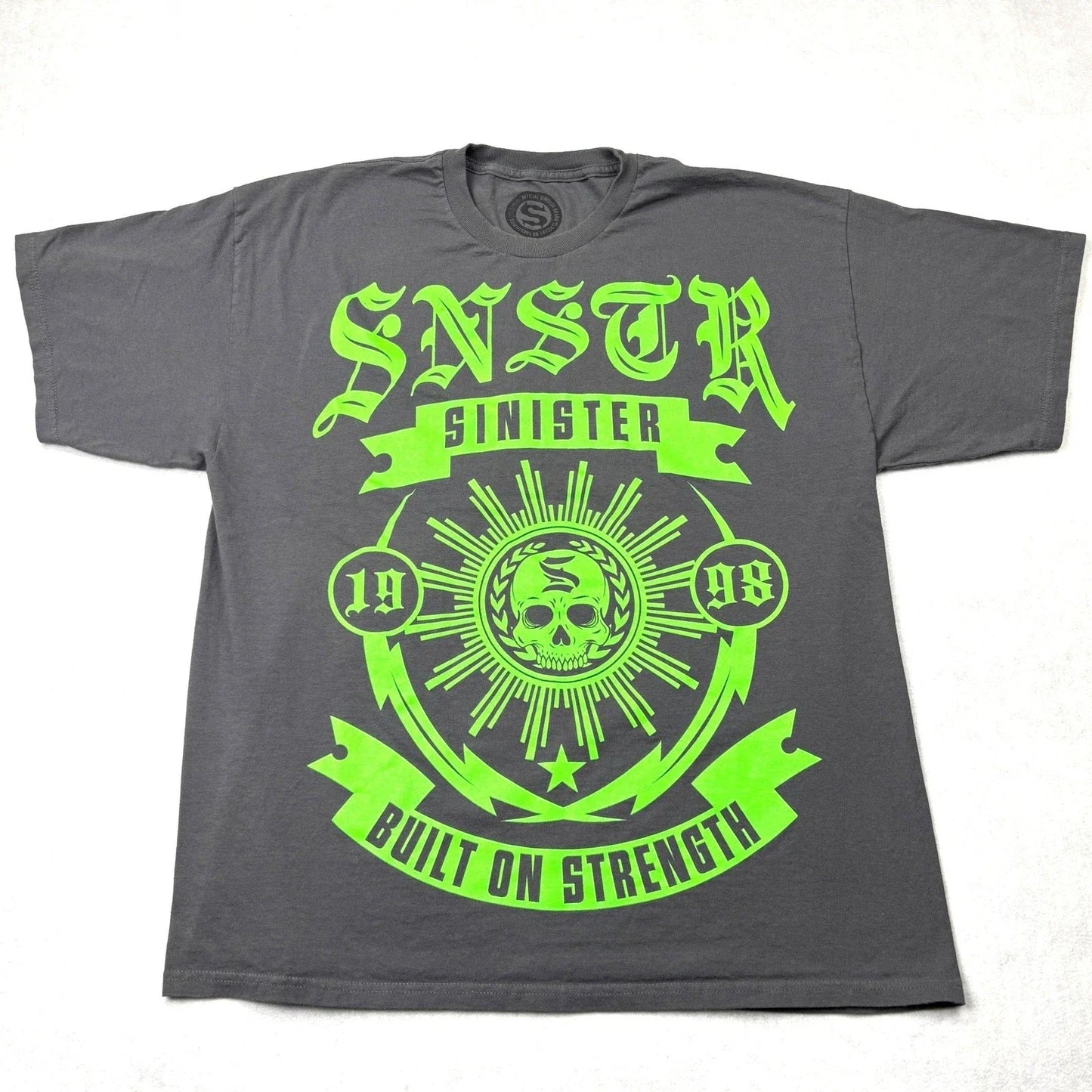 Sinister Brand Mens T-Shirt 2XL Gray Neon Green Skull SNSTR Built On Strength T Unisex T-shirt, Sweatshirt, Hoodie, Long Sleeve Tee - T-Shirt, Sweatshirt, Hoodie