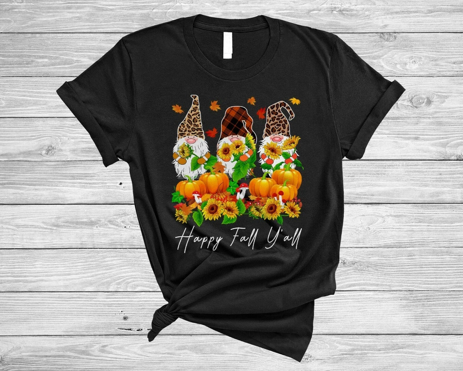 Happy Fall Y'all Cute Thanksgiving Leopard Pumpkin Gnomes Sunflower Shirt, Mug Unisex T-shirt, Sweatshirt, Hoodie, Long Sleeve Tee - T-Shirt, Sweatshirt, Hoodie