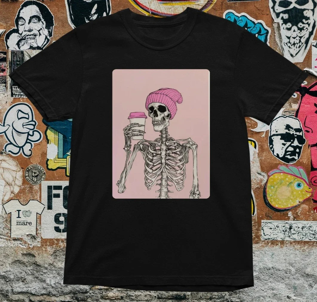 Hipster Skeleton Coffee T Shirt  Funny Goth Pastel Aesthetic Tee  Pink Beanie Unisex T-shirt, Sweatshirt, Hoodie, Long Sleeve Tee - T-Shirt, Sweatshirt, Hoodie