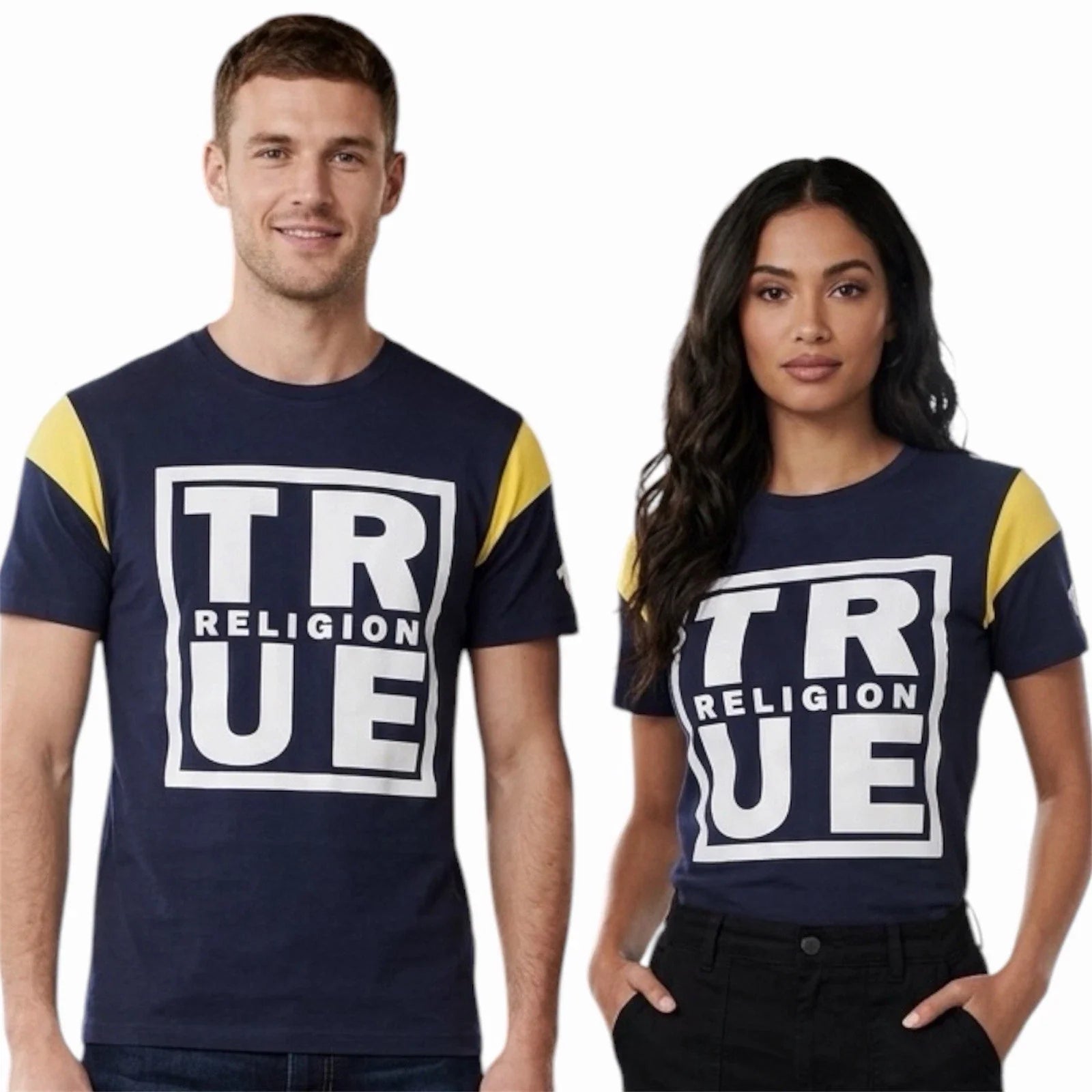 $79 TRUE RELIGION Michigan Navy SQUARE FOOTBALL Short Sleeve Designer T-shirt Unisex T-shirt, Sweatshirt, Hoodie, Long Sleeve Tee - T-Shirt, Sweatshirt, Hoodie