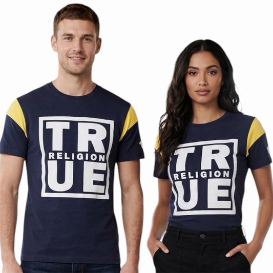 $79 TRUE RELIGION Michigan Navy SQUARE FOOTBALL Short Sleeve Designer T-shirt Unisex T-shirt, Sweatshirt, Hoodie, Long Sleeve Tee - T-Shirt, Sweatshirt, Hoodie
