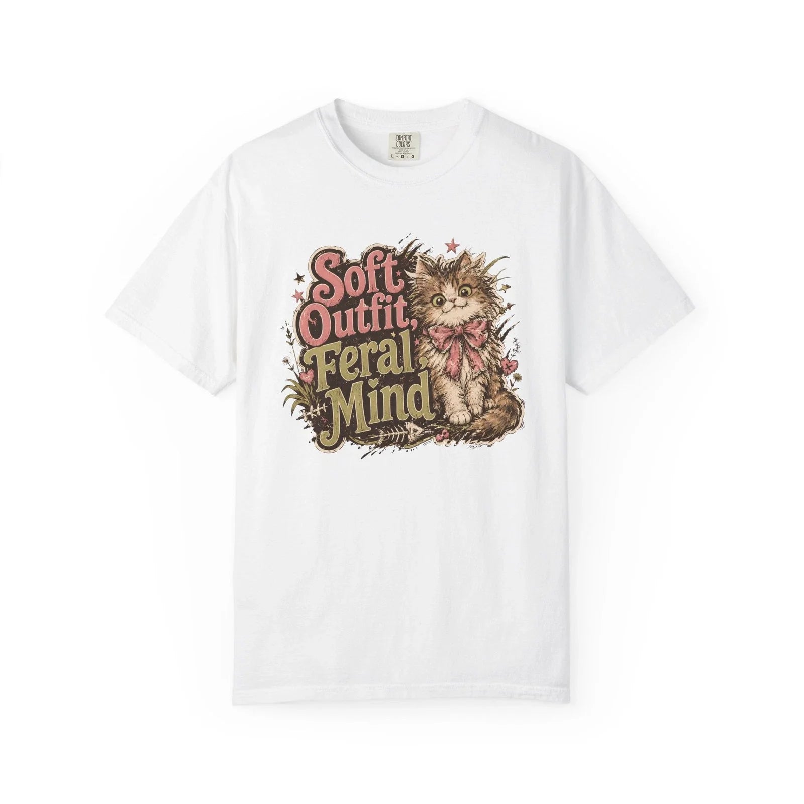 Soft Outfit Feral Mind Cat Illustration T-Shirt | Vintage Kitten Graphic Unisex T-shirt, Sweatshirt, Hoodie, Long Sleeve Tee - T-Shirt, Sweatshirt, Hoodie