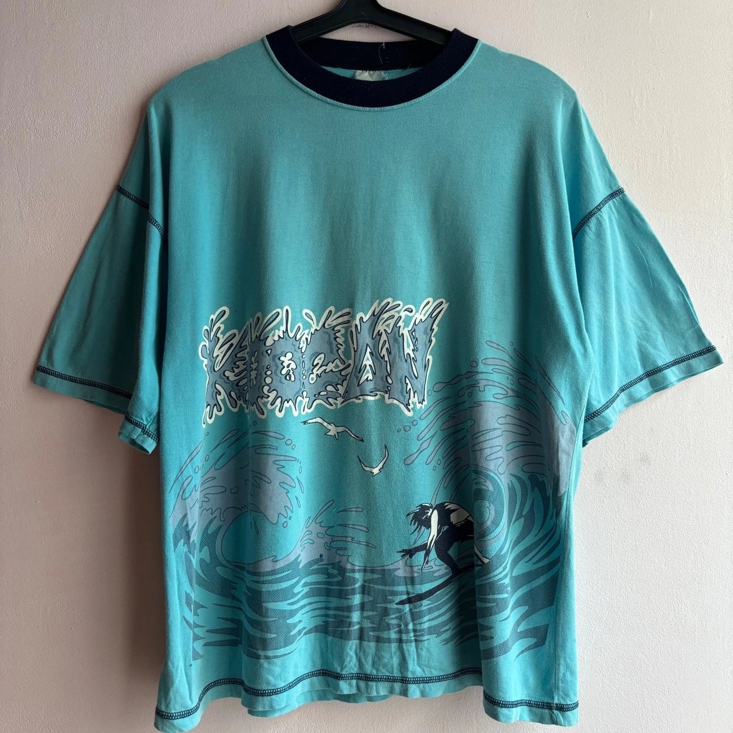 Vintage 80s Surf Ocean Graphic T-Shirt Boxy Fit Double Sided Aqua Blue Unisex T-shirt, Sweatshirt, Hoodie, Long Sleeve Tee - T-Shirt, Sweatshirt, Hoodie