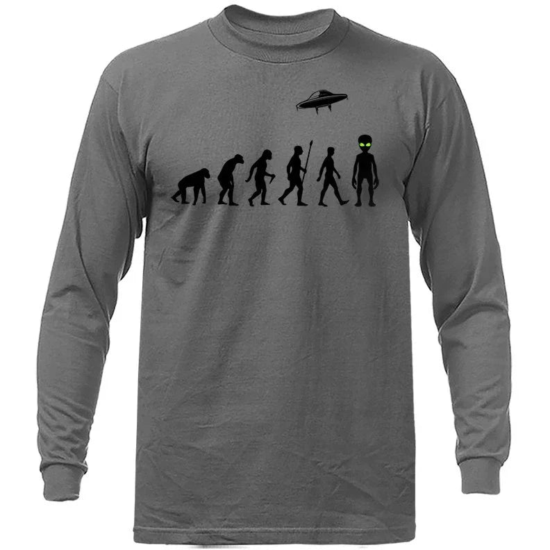 Human Evolution UFO Alien Funny Joke Humor Humorous Long Sleeve T-Shirt Unisex T-shirt, Sweatshirt, Hoodie, Long Sleeve Tee - T-Shirt, Sweatshirt, Hoodie