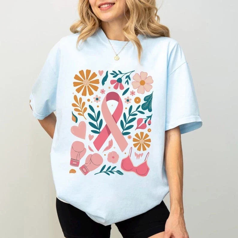 Boho Breast Cancer Awareness Shirt, In October We Wear Pink Tee, Coquette Ribbon Unisex T-shirt, Sweatshirt, Hoodie, Long Sleeve Tee - T-Shirt, Sweatshirt, Hoodie