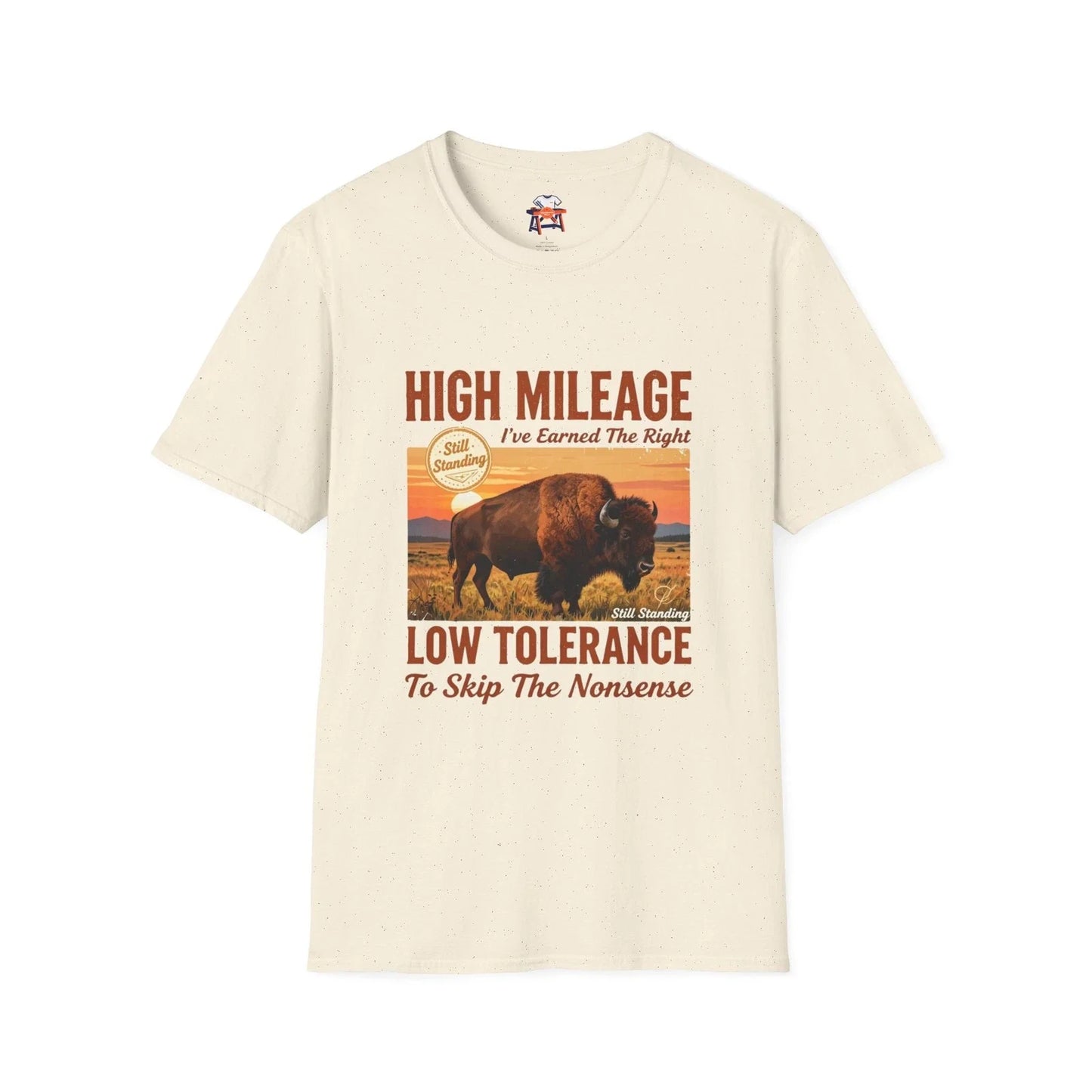 High Mileage Low Tolerance Shirt Funny Dad Grandpa Bison Mens T-Shirt Unisex T-shirt, Sweatshirt, Hoodie, Long Sleeve Tee - T-Shirt, Sweatshirt, Hoodie