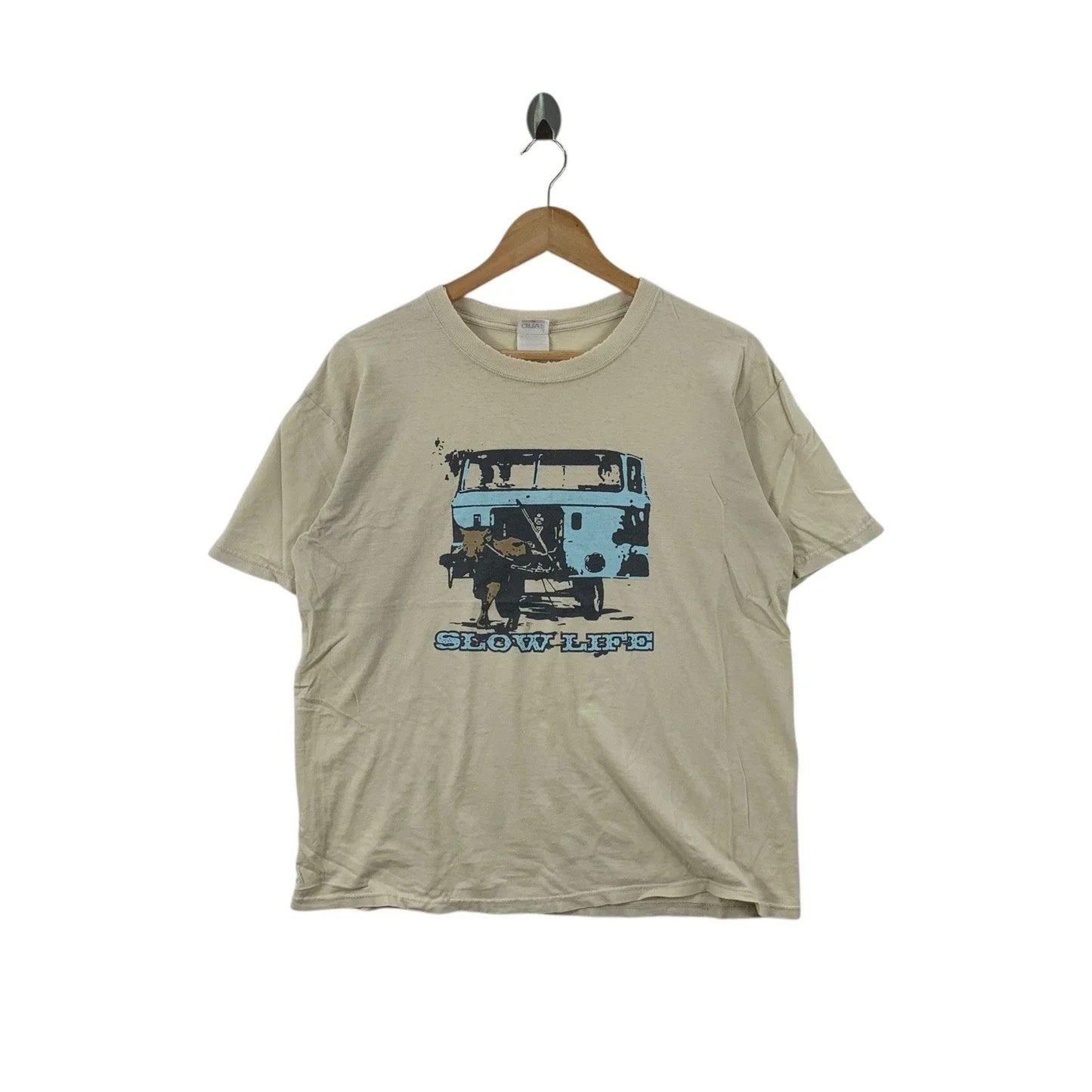 Vintage THE SLOW LIFE Modern Streetwear Thrashed Tee Shirt Top Natural Unisex T-shirt, Sweatshirt, Hoodie, Long Sleeve Tee - T-Shirt, Sweatshirt, Hoodie
