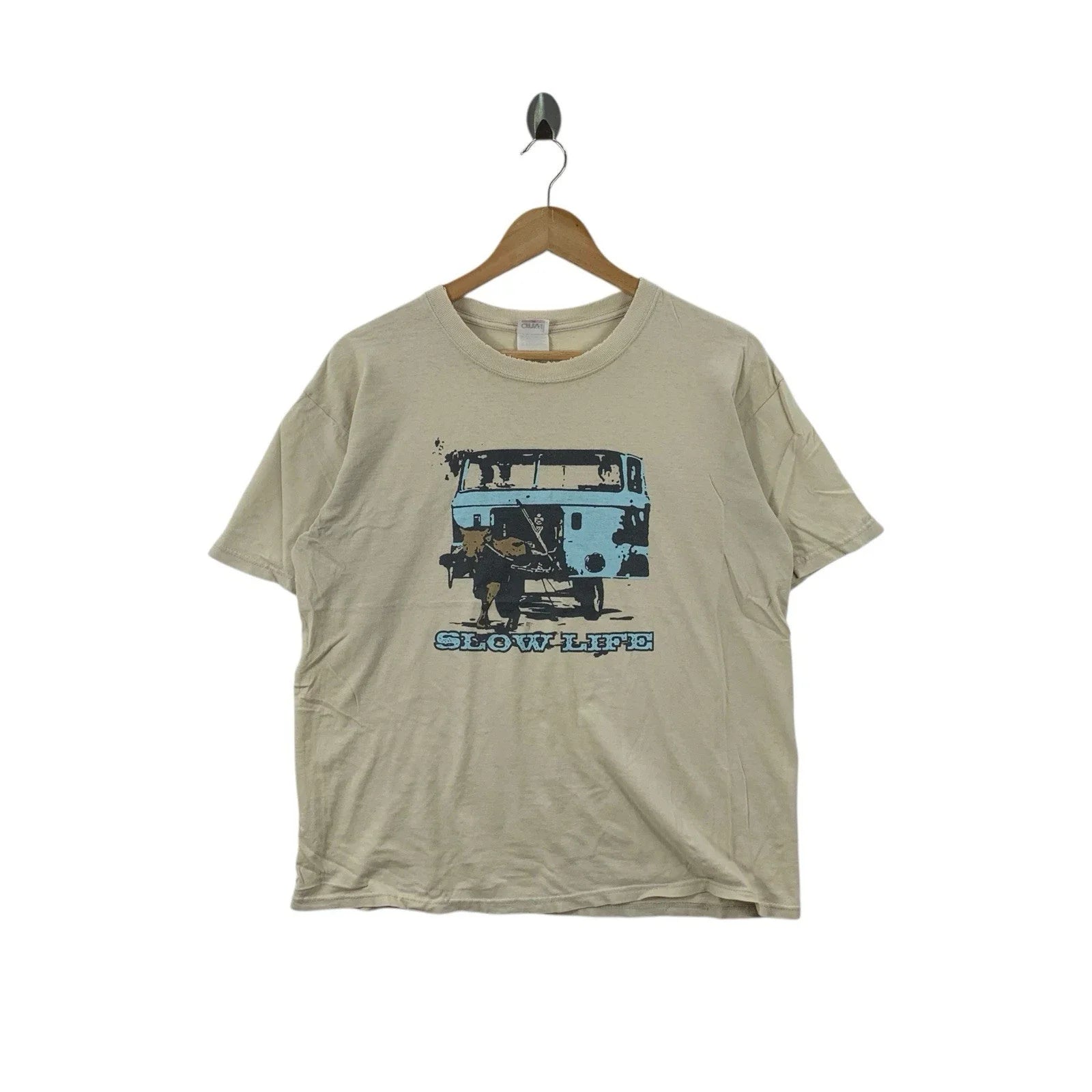 Vintage THE SLOW LIFE Modern Streetwear Thrashed Tee Shirt Top Natural Unisex T-shirt, Sweatshirt, Hoodie, Long Sleeve Tee - T-Shirt, Sweatshirt, Hoodie