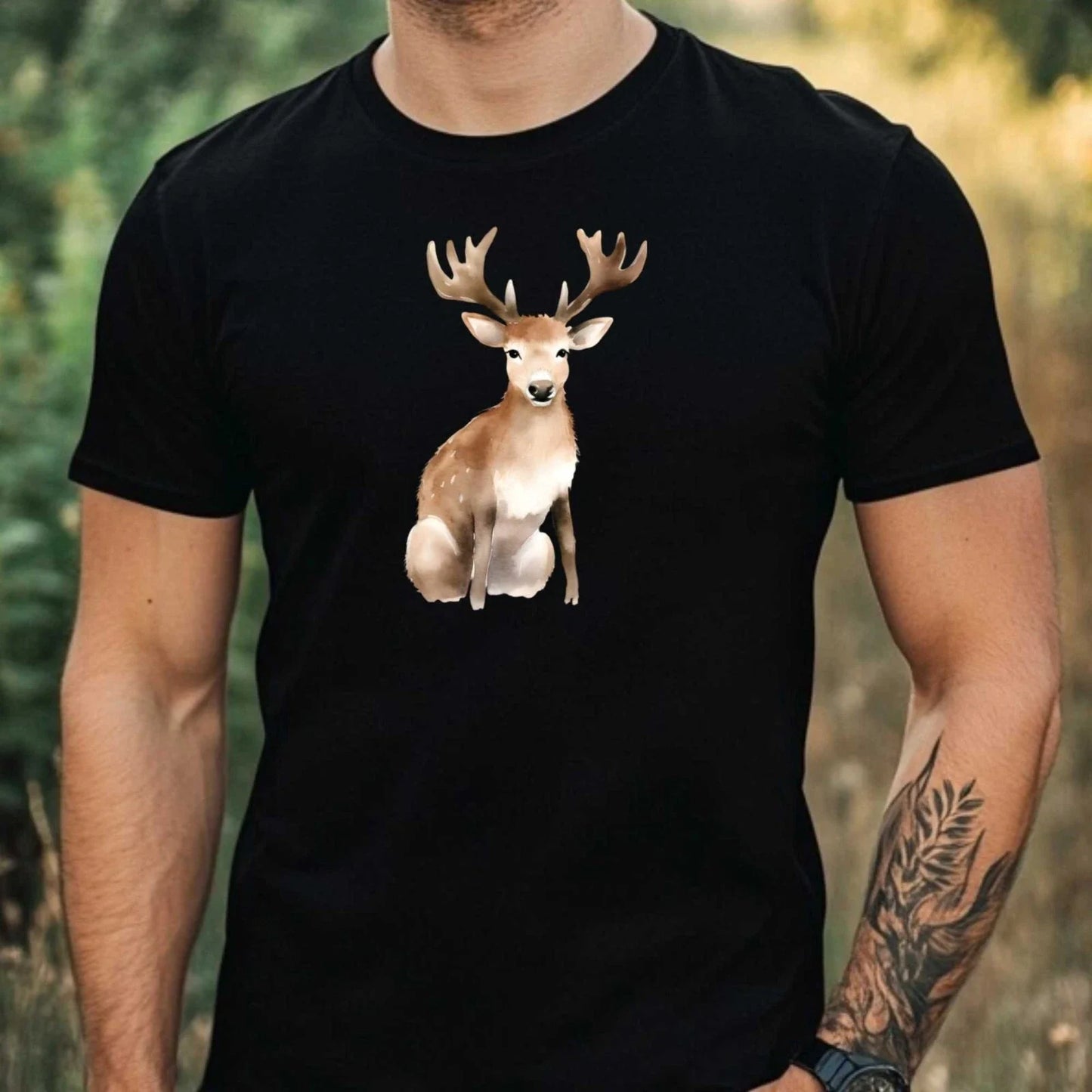Mens Watercolour Reindeer Print Cotton T-Shirt Size XS to 5XL Unisex T-shirt, Sweatshirt, Hoodie, Long Sleeve Tee - T-Shirt, Sweatshirt, Hoodie