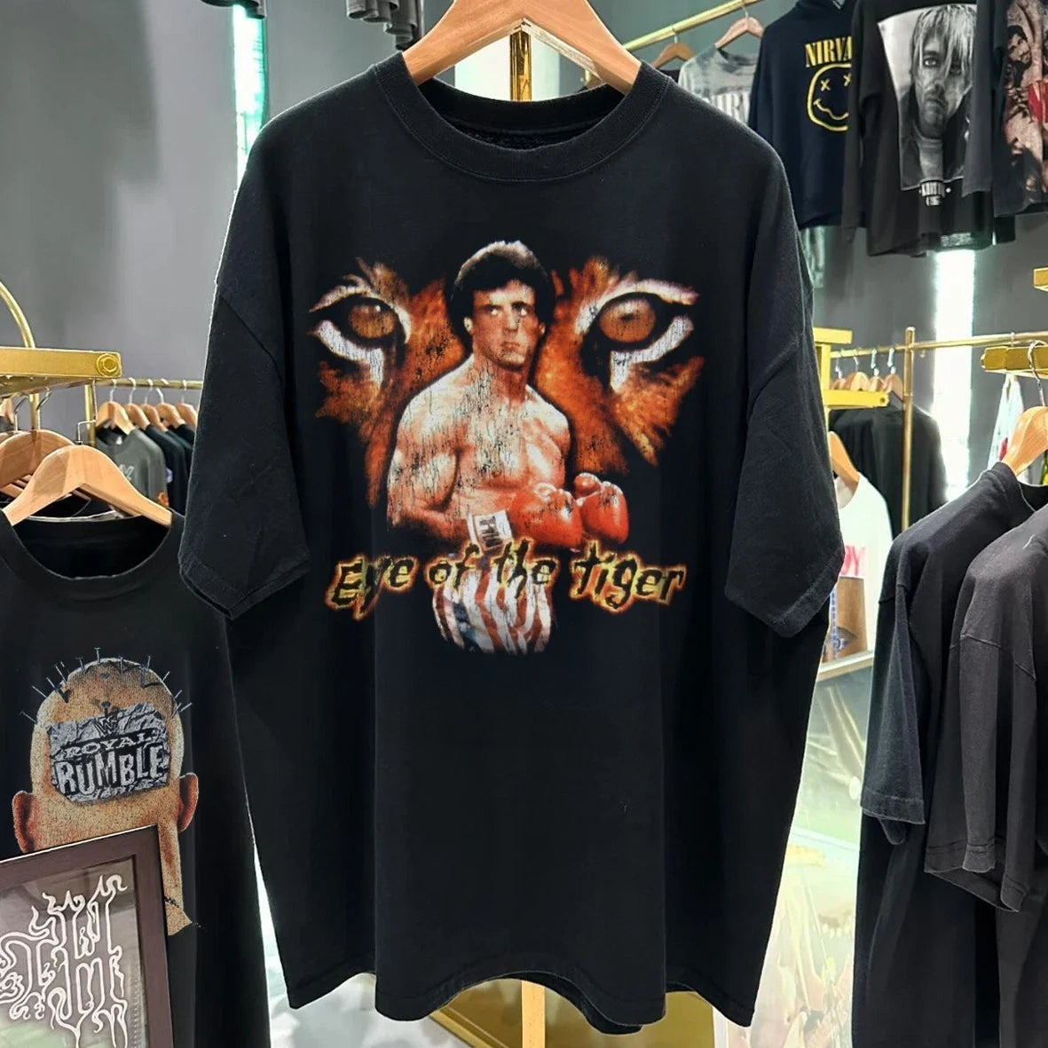 80's Eye Of The Tiger "Rocky 3 " Washed Black T-Shirt XL Unisex T-shirt, Sweatshirt, Hoodie, Long Sleeve Tee - T-Shirt, Sweatshirt, Hoodie