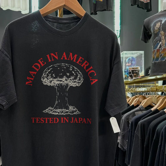 90s Made In America 'Tested In Japan' Washed T-Shirt Black L Unisex T-shirt, Sweatshirt, Hoodie, Long Sleeve Tee - T-Shirt, Sweatshirt, Hoodie