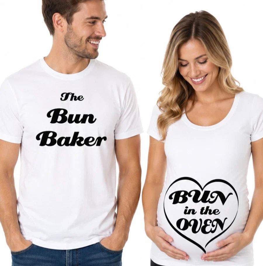 Matching Couple Pregnancy Announcement T-Shirts The Bun Baker & Bun In The Oven Unisex T-shirt, Sweatshirt, Hoodie, Long Sleeve Tee - T-Shirt, Sweatshirt, Hoodie