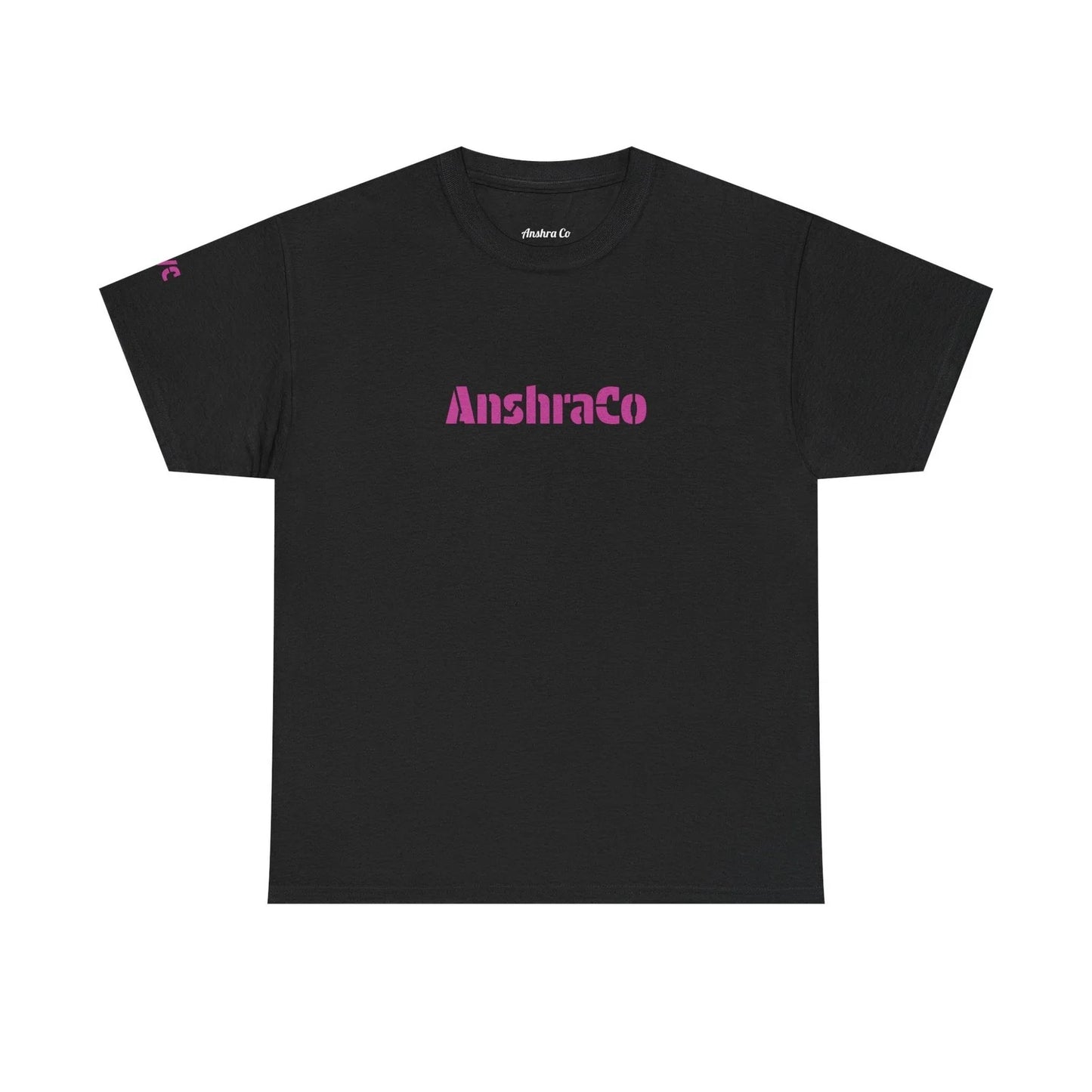 AnshraCo Logo Tee | Black T-Shirt, Pink Text Unisex T-shirt, Sweatshirt, Hoodie, Long Sleeve Tee - T-Shirt, Sweatshirt, Hoodie