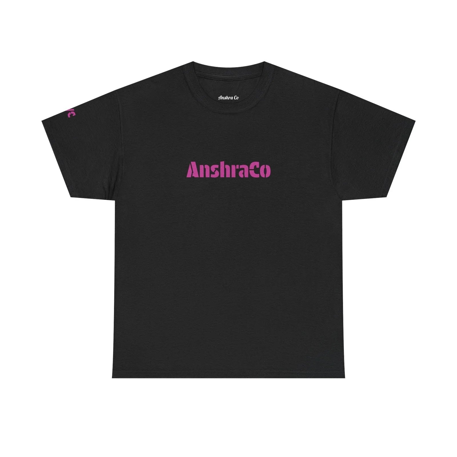 AnshraCo Logo Tee | Black T-Shirt, Pink Text Unisex T-shirt, Sweatshirt, Hoodie, Long Sleeve Tee - T-Shirt, Sweatshirt, Hoodie