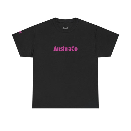 AnshraCo Logo Tee | Black T-Shirt, Pink Text Unisex T-shirt, Sweatshirt, Hoodie, Long Sleeve Tee - T-Shirt, Sweatshirt, Hoodie