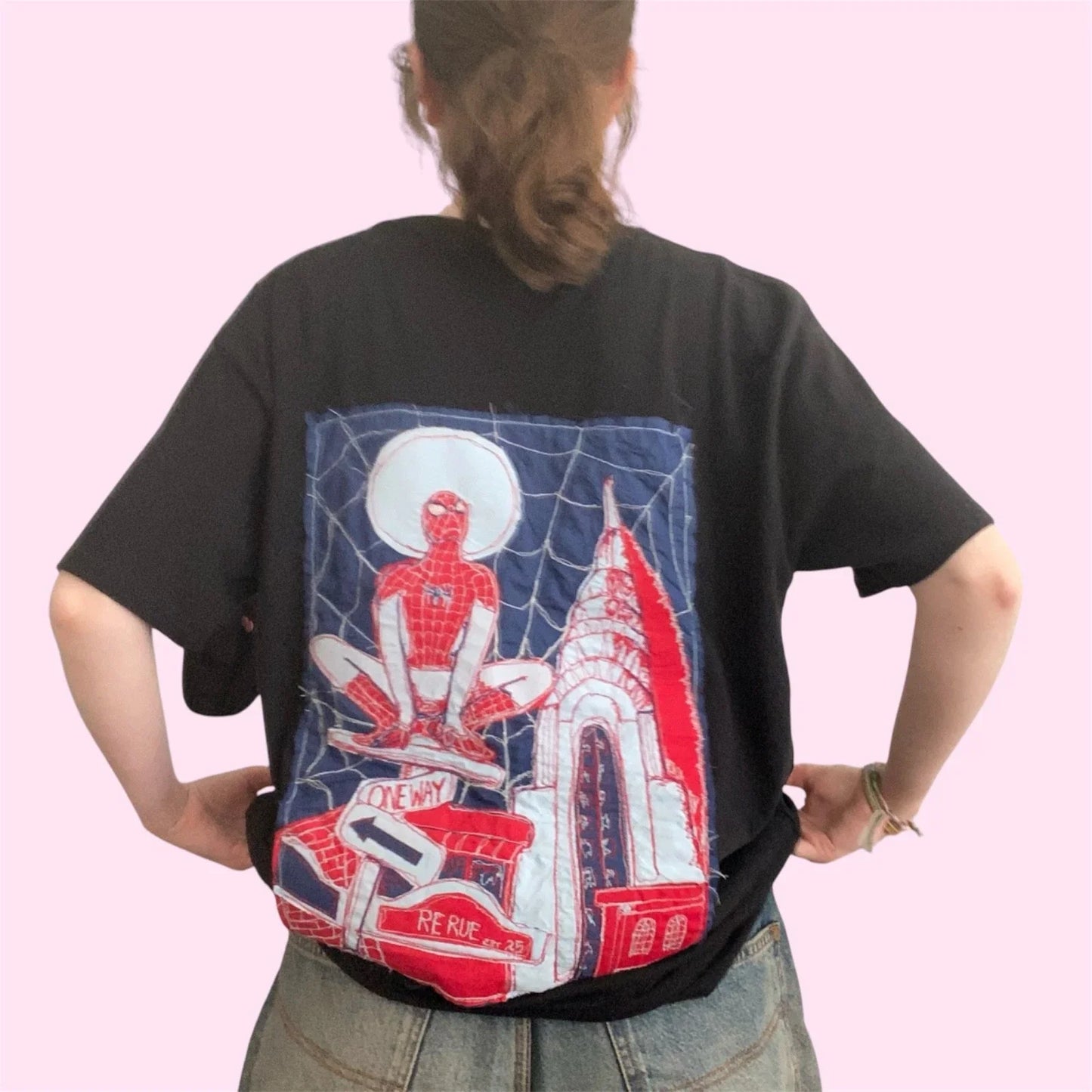 black spiderman graphic appliqued patchwork t-shirt Unisex T-shirt, Sweatshirt, Hoodie, Long Sleeve Tee - T-Shirt, Sweatshirt, Hoodie