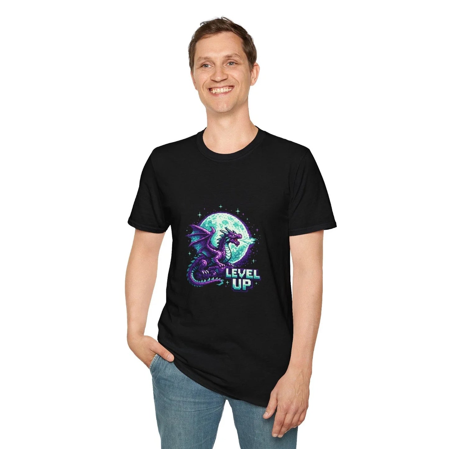 Dragon "Level Up" T-Shirt  Retro Pixel Fantasy Gaming Tee Unisex T-shirt, Sweatshirt, Hoodie, Long Sleeve Tee - T-Shirt, Sweatshirt, Hoodie