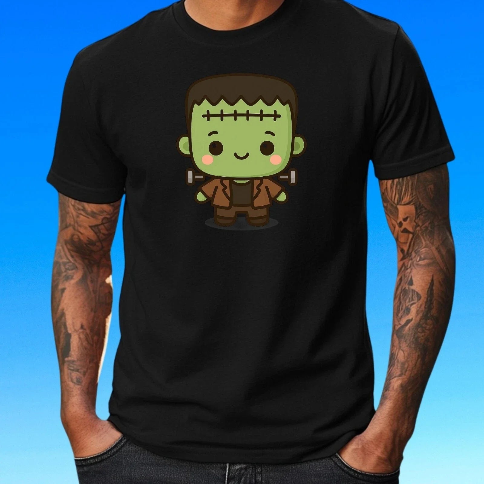 Mens Kawaii Frankenstein Motif Cotton T-Shirt Size S to 5XL Unisex T-shirt, Sweatshirt, Hoodie, Long Sleeve Tee - T-Shirt, Sweatshirt, Hoodie