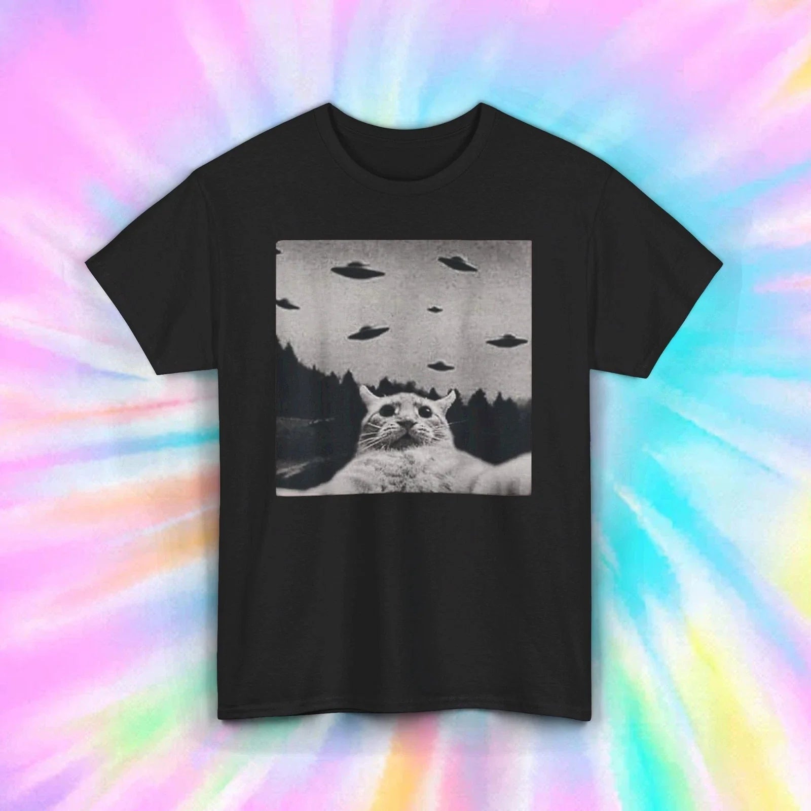 Funny Cat UFO T-Shirt | Alien Spaceship Humor Graphic Tee | S-5XL Gift Unisex T-shirt, Sweatshirt, Hoodie, Long Sleeve Tee - T-Shirt, Sweatshirt, Hoodie