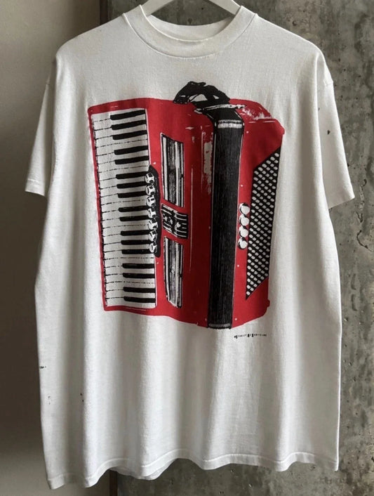 80s Stanley Desantis Accordion Vintage Art Tee Size L Unisex T-shirt, Sweatshirt, Hoodie, Long Sleeve Tee - T-Shirt, Sweatshirt, Hoodie