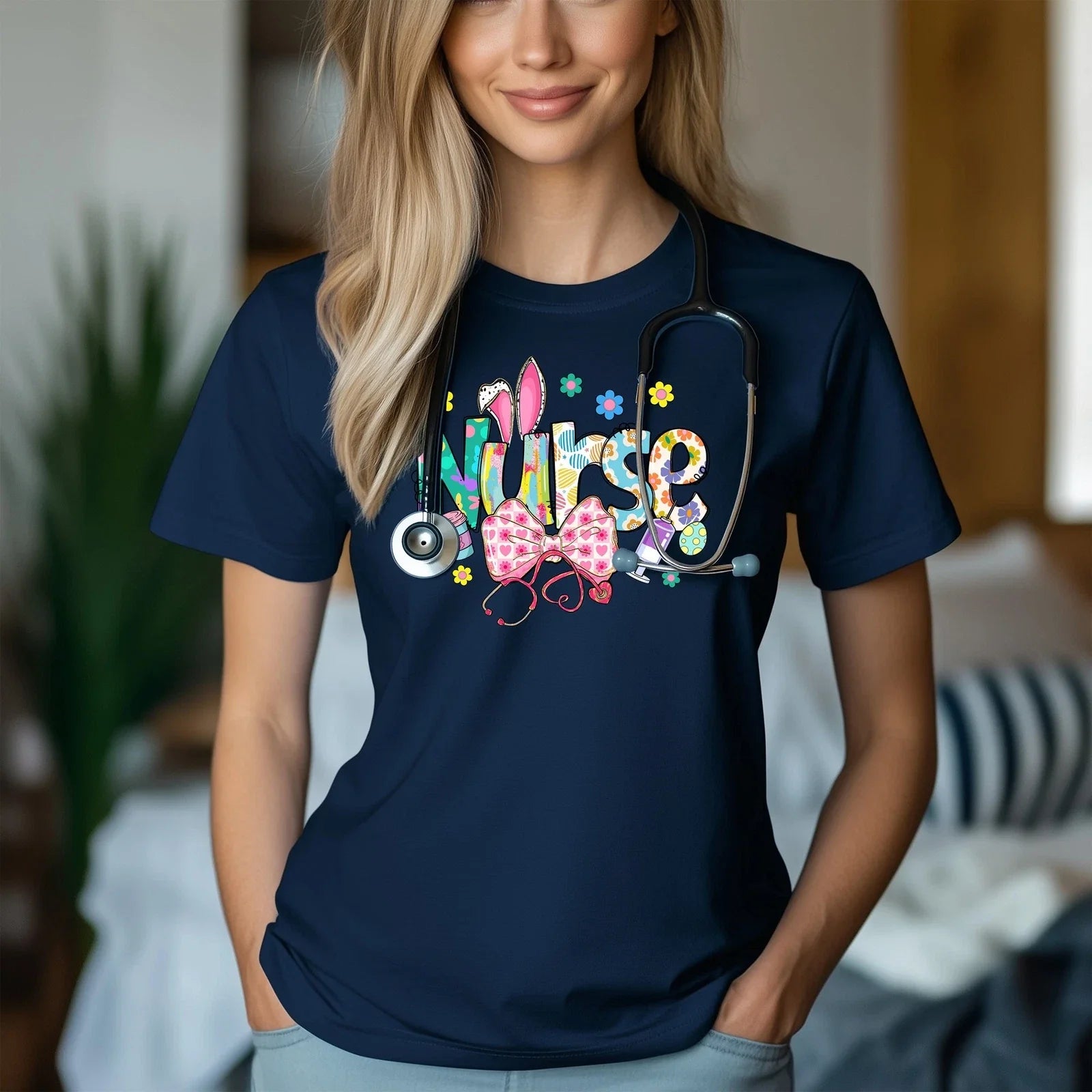Nurse Bunny Ears & Bow Cute Colorful Unisex T-Shirt | Trendy Nurse Easter Tee Unisex T-shirt, Sweatshirt, Hoodie, Long Sleeve Tee - T-Shirt, Sweatshirt, Hoodie