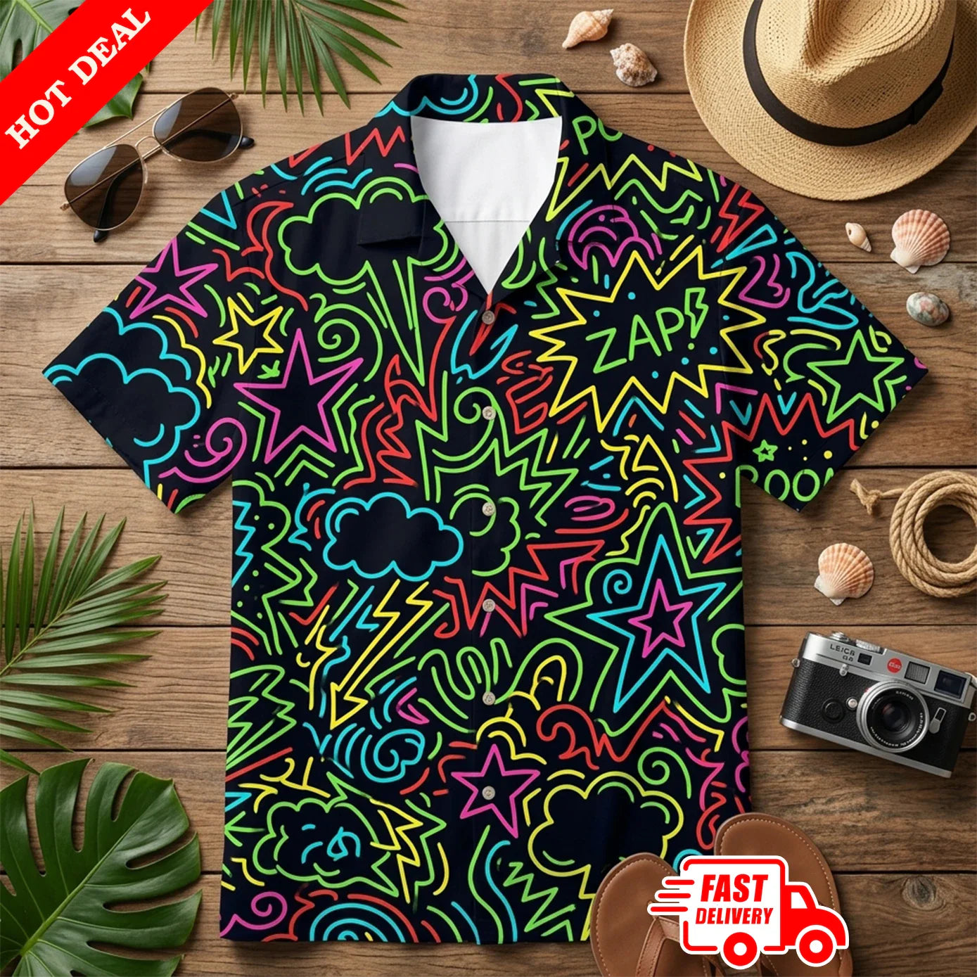Comic Book Pop Art Hawaiian Shirt Men Neon Zap Button Down Short Sleeve Party Unisex T-shirt, Sweatshirt, Hoodie, Long Sleeve Tee - T-Shirt, Sweatshirt, Hoodie