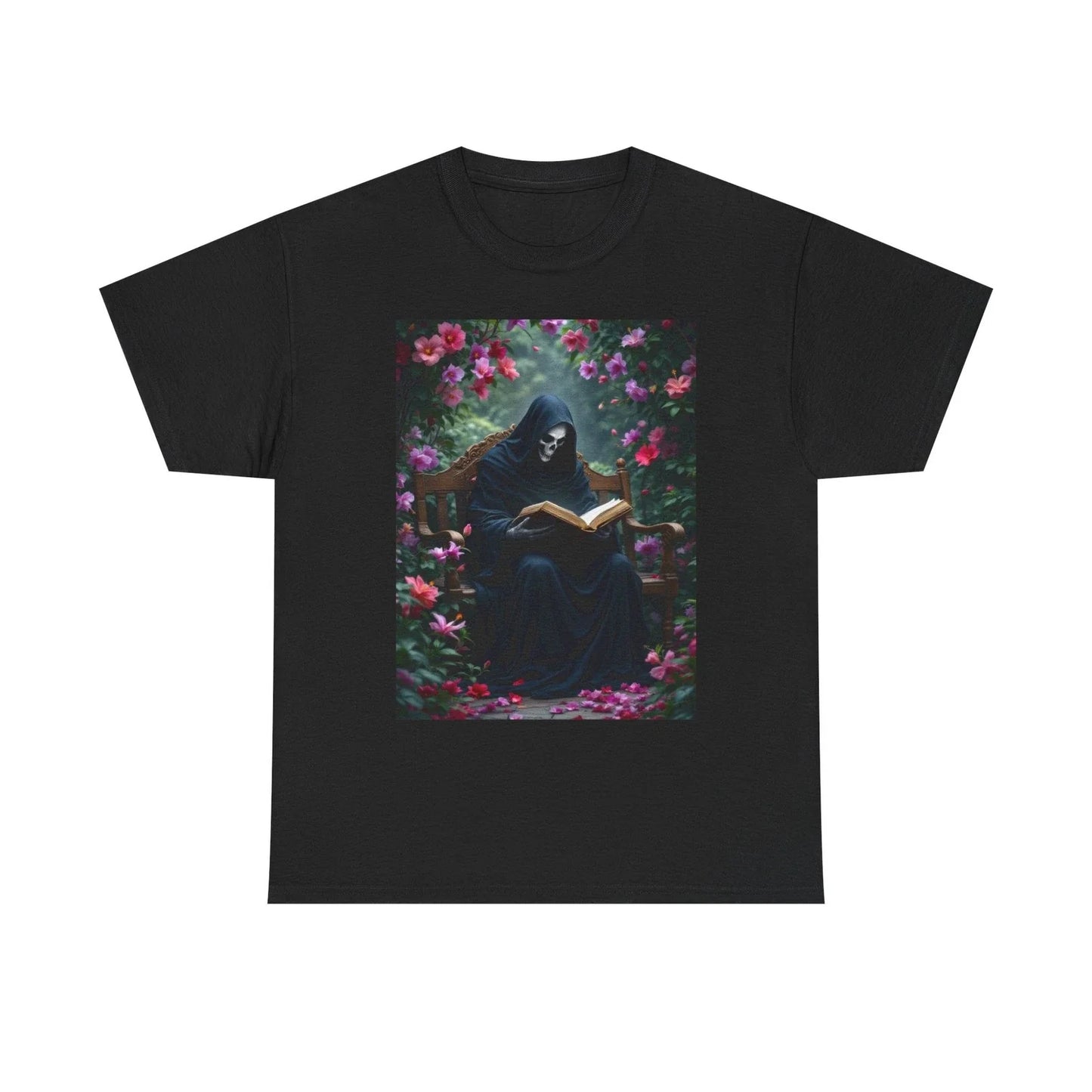 Grim Reaper T-Shirt, Unique Design with Death Reading a Book Floral Background Unisex T-shirt, Sweatshirt, Hoodie, Long Sleeve Tee - T-Shirt, Sweatshirt, Hoodie