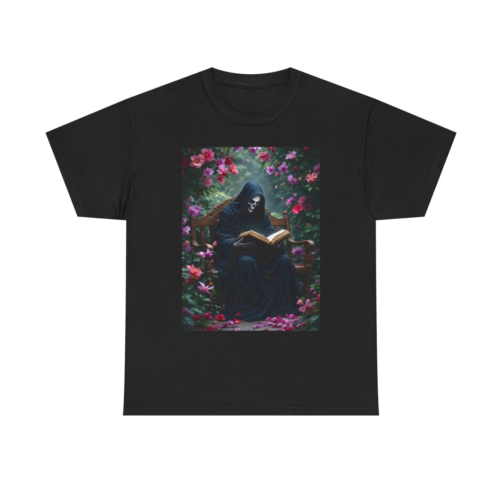 Grim Reaper T-Shirt, Unique Design with Death Reading a Book Floral Background Unisex T-shirt, Sweatshirt, Hoodie, Long Sleeve Tee - T-Shirt, Sweatshirt, Hoodie