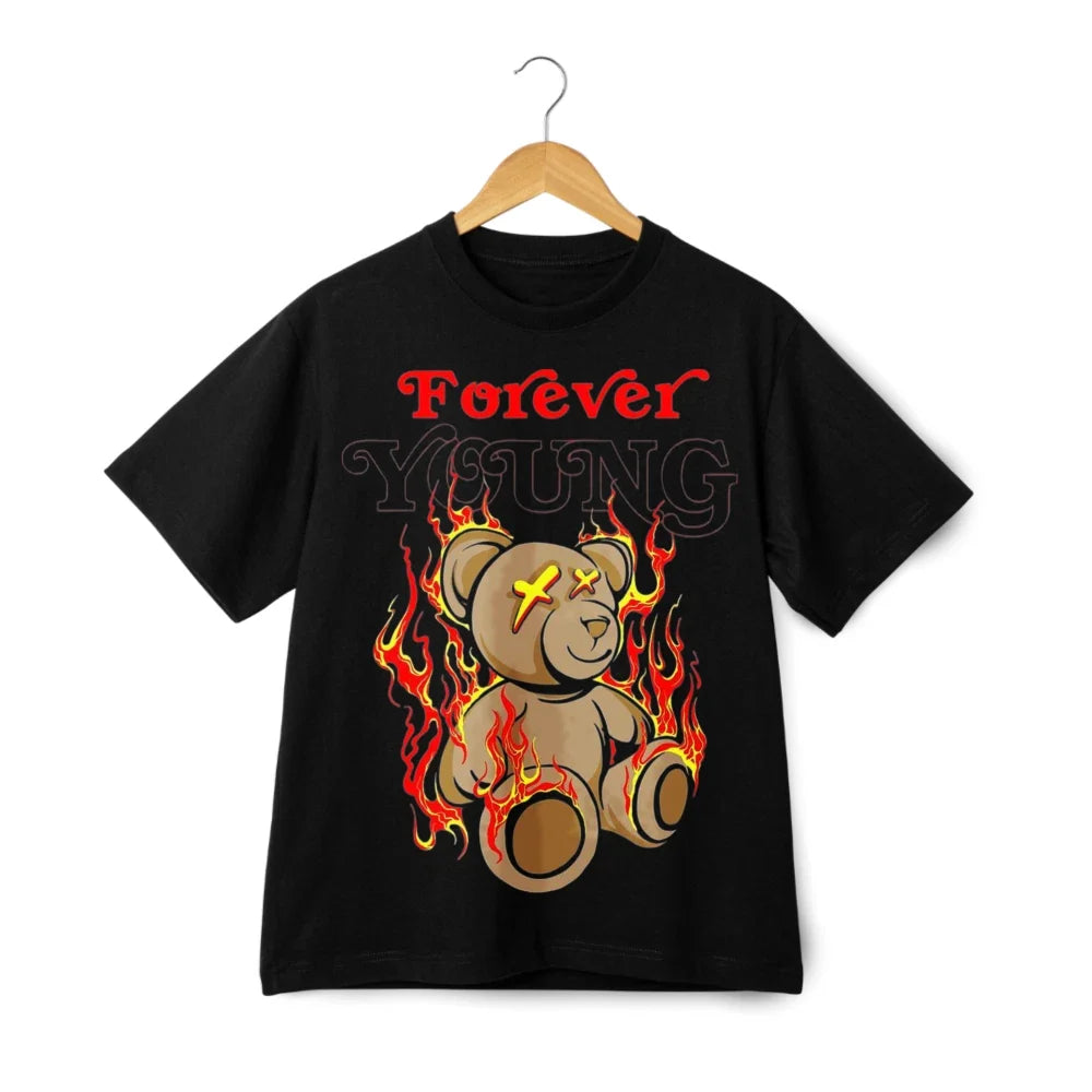 Forever Young Flaming Teddy Bear Graphic T-Shirt Dark Streetwear Design Tee Unisex T-shirt, Sweatshirt, Hoodie, Long Sleeve Tee - T-Shirt, Sweatshirt, Hoodie