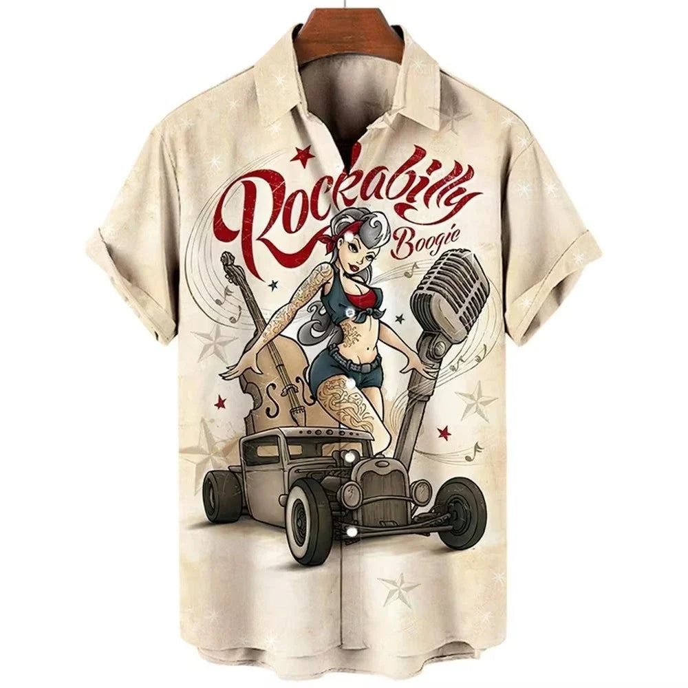 Mens Button Down Rockabilly Boogie Pinup Hawaiian Top Novelty Holiday Gift Shirt Unisex T-shirt, Sweatshirt, Hoodie, Long Sleeve Tee - T-Shirt, Sweatshirt, Hoodie