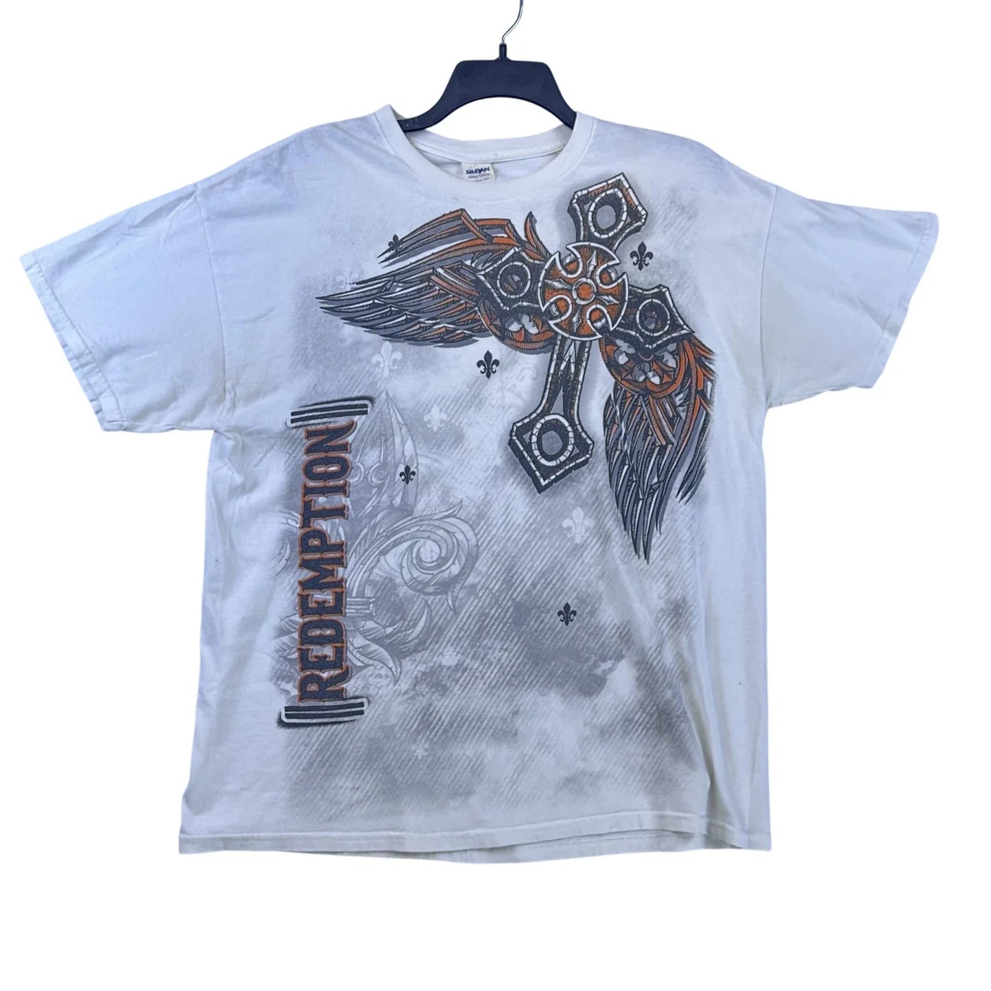 Redemption Y2K Shirt Mens Extra Large White Cross Wings Fleur-de-Lis Graphic Tee Unisex T-shirt, Sweatshirt, Hoodie, Long Sleeve Tee - T-Shirt, Sweatshirt, Hoodie