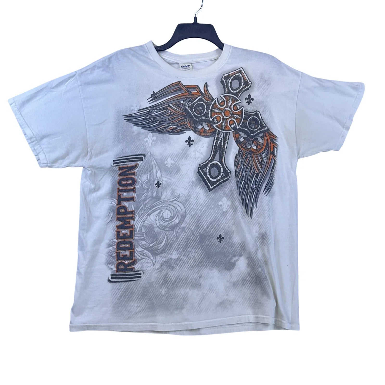 Redemption Y2K Shirt Mens Extra Large White Cross Wings Fleur-de-Lis Graphic Tee Unisex T-shirt, Sweatshirt, Hoodie, Long Sleeve Tee - T-Shirt, Sweatshirt, Hoodie