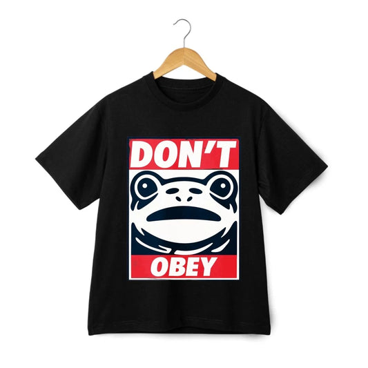 "DON'T OBEY" Protest T-Shirt - Cartoon Frog Design Anti-Authority Streetwear Unisex T-shirt, Sweatshirt, Hoodie, Long Sleeve Tee - T-Shirt, Sweatshirt, Hoodie