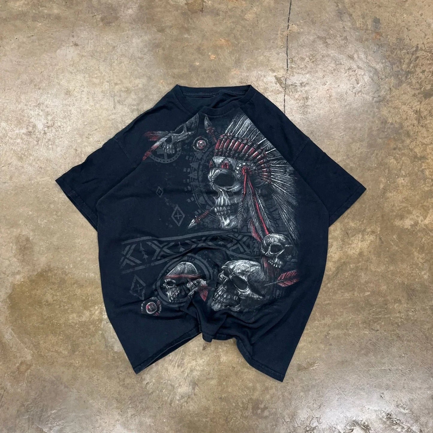 Y2K Native Skull Tribal Grunge Headdress Shirt Size Large Graphic Black Unisex T-shirt, Sweatshirt, Hoodie, Long Sleeve Tee - T-Shirt, Sweatshirt, Hoodie