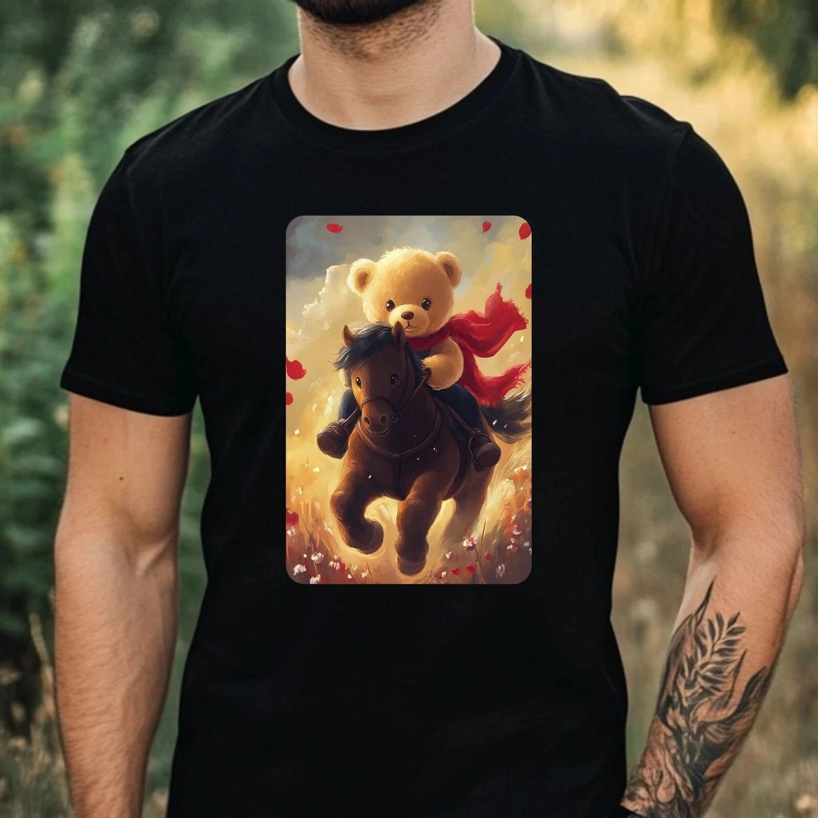 Mens Teddy Bear on Horse Print Cotton T-Shirt Size XS to 5XL Unisex T-shirt, Sweatshirt, Hoodie, Long Sleeve Tee - T-Shirt, Sweatshirt, Hoodie