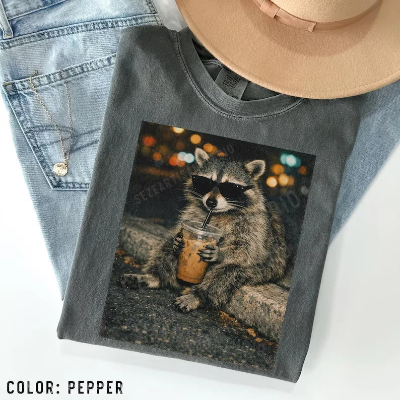 SALE! Funny Raccoon Drinking Iced Coffee Shirt Animal Meme Graphic Tee Cotton Fu Unisex T-shirt, Sweatshirt, Hoodie, Long Sleeve Tee - T-Shirt, Sweatshirt, Hoodie