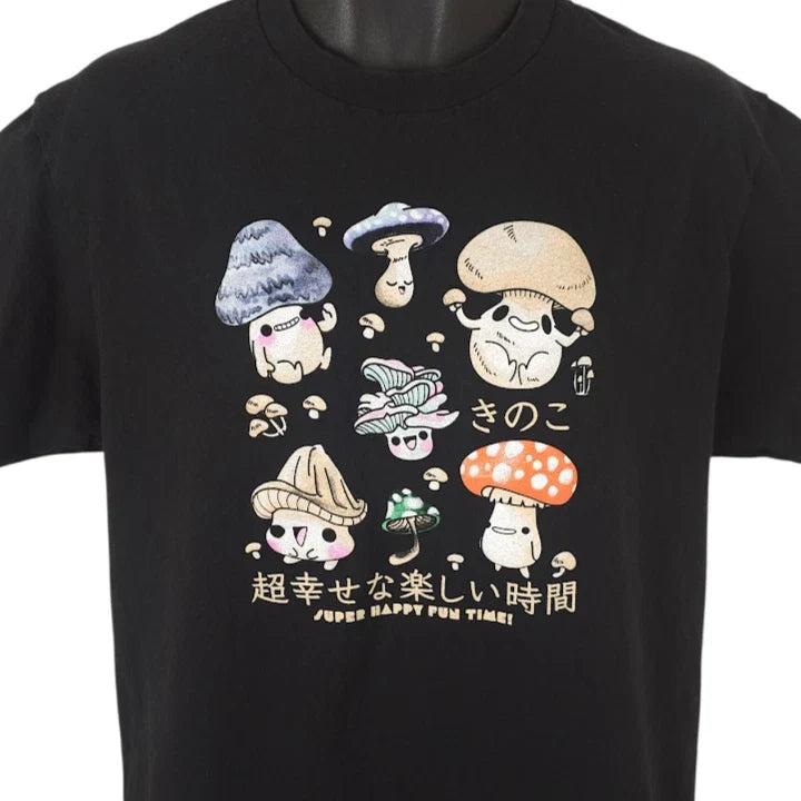 Kawaii Mushrooms T Shirt Mens Size Large Black Super Happy Fun Time Japanese Unisex T-shirt, Sweatshirt, Hoodie, Long Sleeve Tee - T-Shirt, Sweatshirt, Hoodie